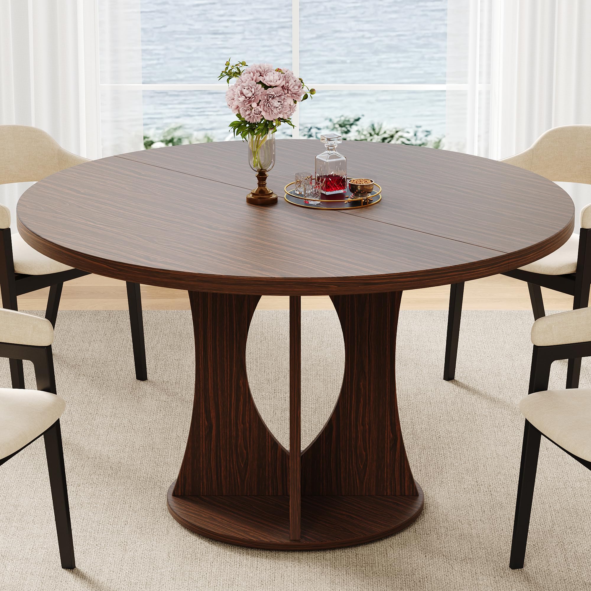 iPormis 47 Inch Round Dining Table for 4-6 People, Wooden Dining Room Table with Pedestal Base, Modern Kitchen Table for Small Spaces, Black, Table Only