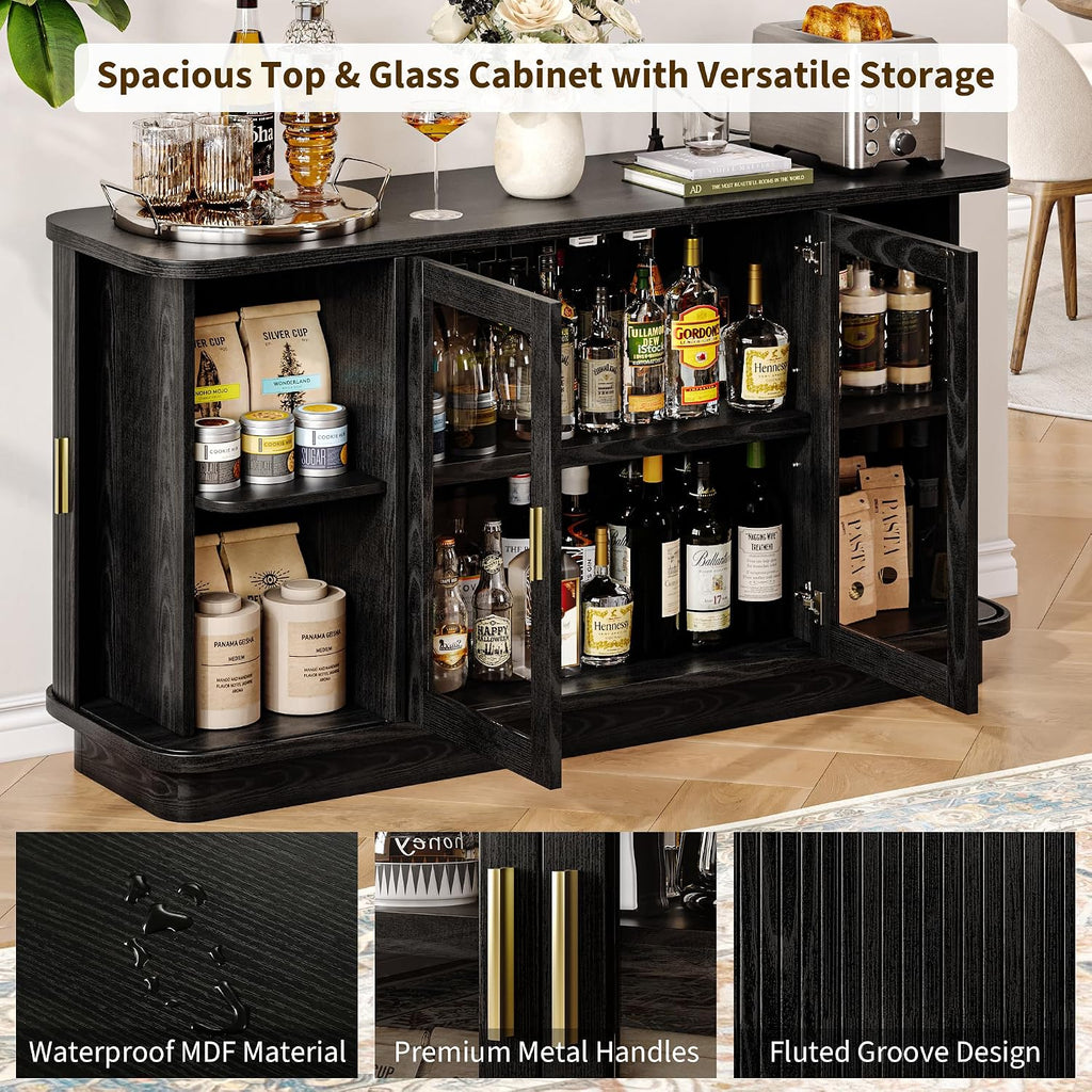 iPormis 63" Sideboard Buffet Cabinet with Storage, Modern Fluted Accent Cabinet with Sliding Doors, Adjustable Shelves, Wood Coffee Bar Console Table for Kitchen, Dining Room, Hallway, Black