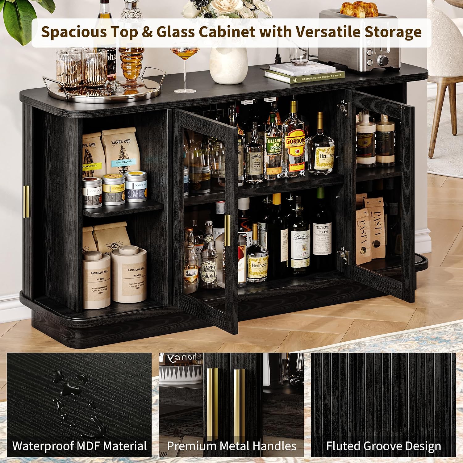 iPormis 63" Sideboard Buffet Cabinet with Storage, Modern Fluted Accent Cabinet with Sliding Doors, Adjustable Shelves, Wood Coffee Bar Console Table for Kitchen, Dining Room, Hallway, Black