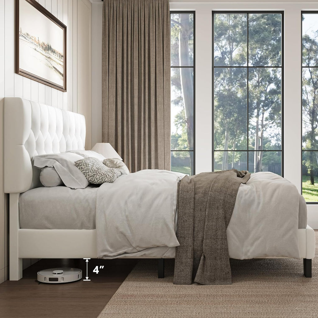 iPormis Upholstered Queen Size Bed Frame with Button Tufted Headboard, Velvet Platform Bed with Thickened Support Legs, Noise-Free/No Box Spring Needed/Easy Assembly, White