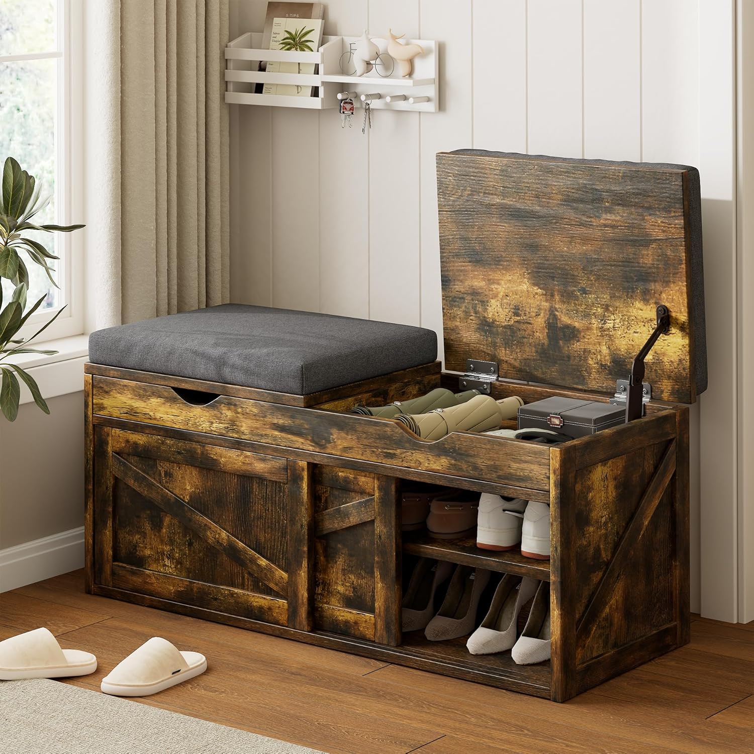 iPormis Shoe Storage Bench,40" Wide 2-Tier Shoe Bench with Padded Seat Cushion and Lift Top Storage,Entryway Bench with Adjustable Shelf,Wooden End of Bed Bench,Rustic Brown