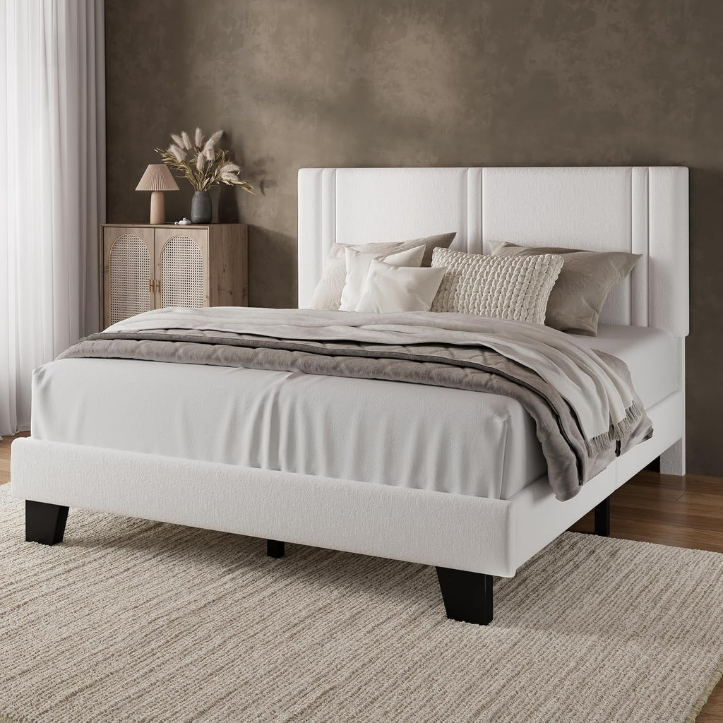 iPormis Queen Platform Bed Frame with Velvet Upholstered Headboard & Thickened Legs, Mattress Foundation with Solid Wooden Slats Support, No Box Spring Needed, Noise Free, White