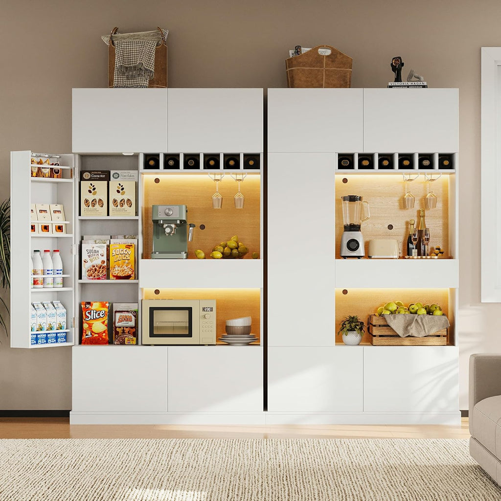 Ipromis 69" tall kitchen pantry cabinet with LED lights, microwave stand, wine rack, and hutch with door shelves.