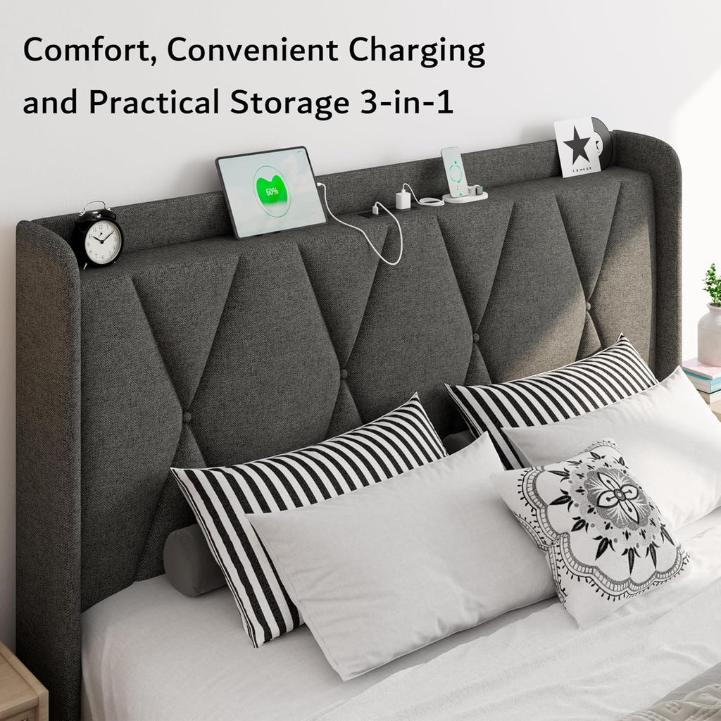 iPormis Queen Bed Frame with 4 Storage Drawers, Upholstered Platform Bed Frame with Charging Station, Modern Wingback Storage Headboard, Easy Assembly, Dark Grey