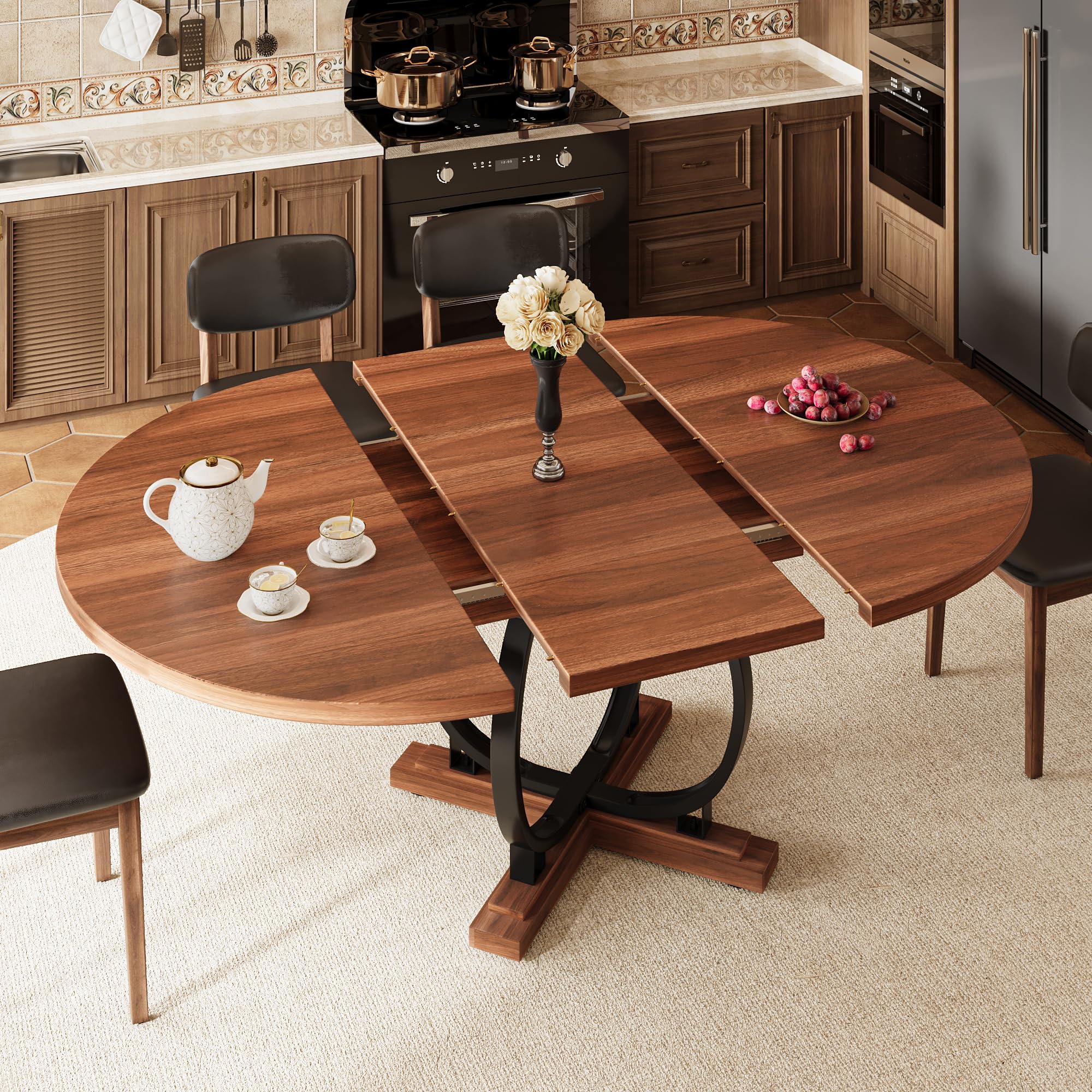 iPormis 59'' extendable round dining table by Passionate, set for four to six with a modern wooden design.