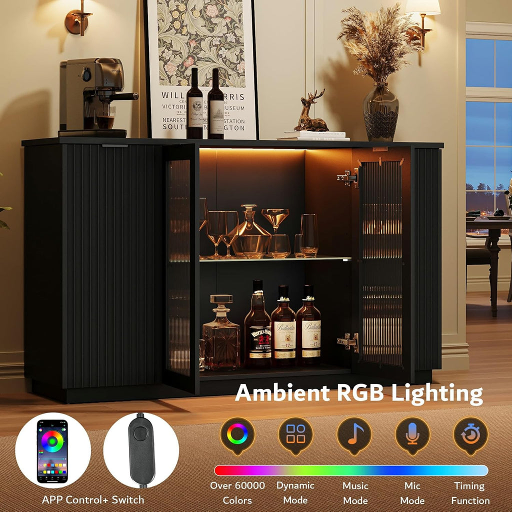 iPormis Sideboard Buffet Cabinet with Glass Doors & LED Lights, Fluted Credenza Storage Cabinet with Adjustable Shelves, 55" Modern Wood Coffee Bar for Kitchen Room Living Room Black