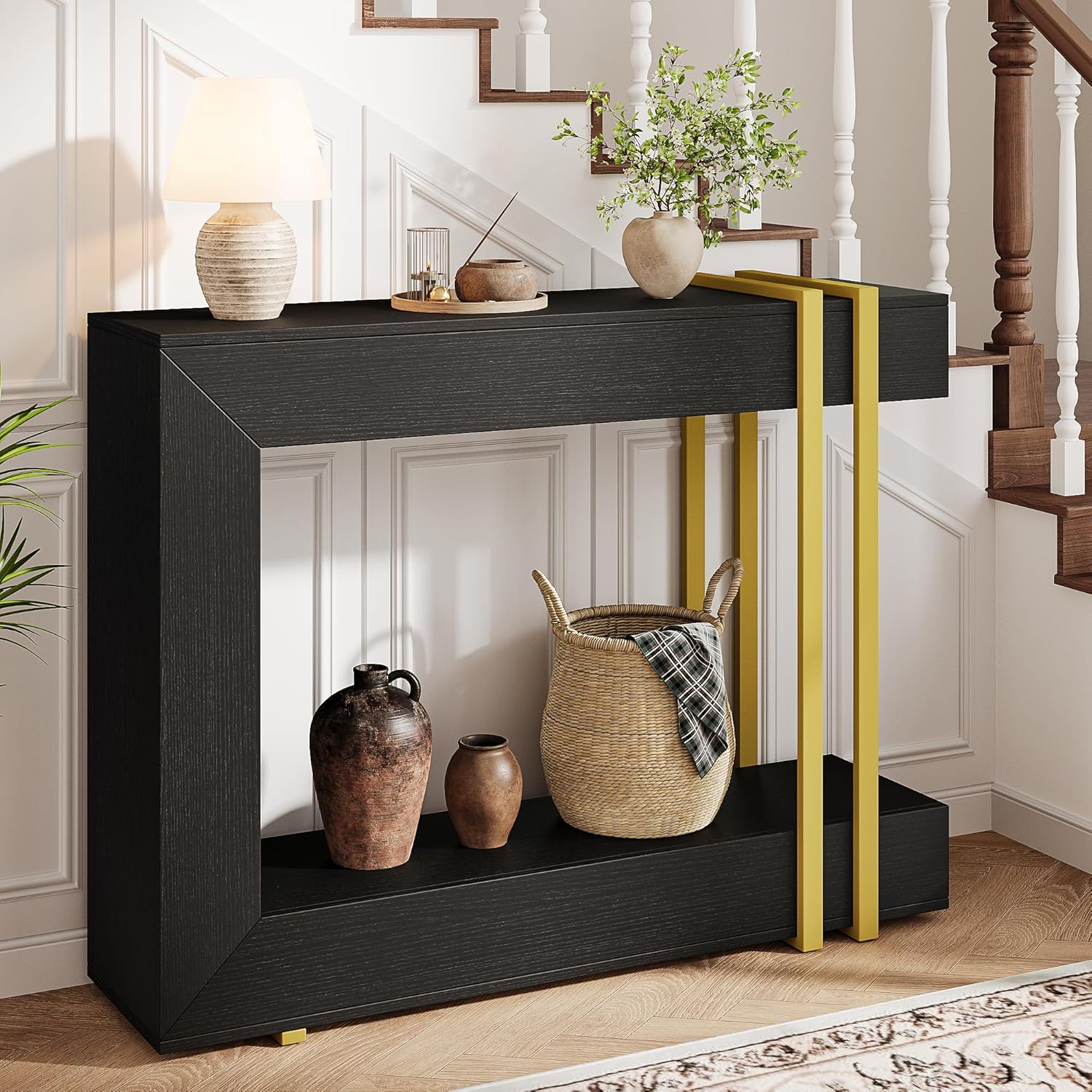 iPormis 42.5-Inch Console Table for Entryway, 2-Tier Sofa Table Behind Couch, Wood Entry Table with Storage & Metal Lines Base for Living Room, Hallway, Foyer, Black