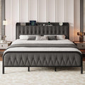 iPormis Metal Bed Frame Queen Size with Charging Station, Velvet Upholstered Headboard and Footboard, Heavy Duty Steel Support, 12" Under Bed Storage, No Box Spring Needed, Easy Assembly, Dark Grey