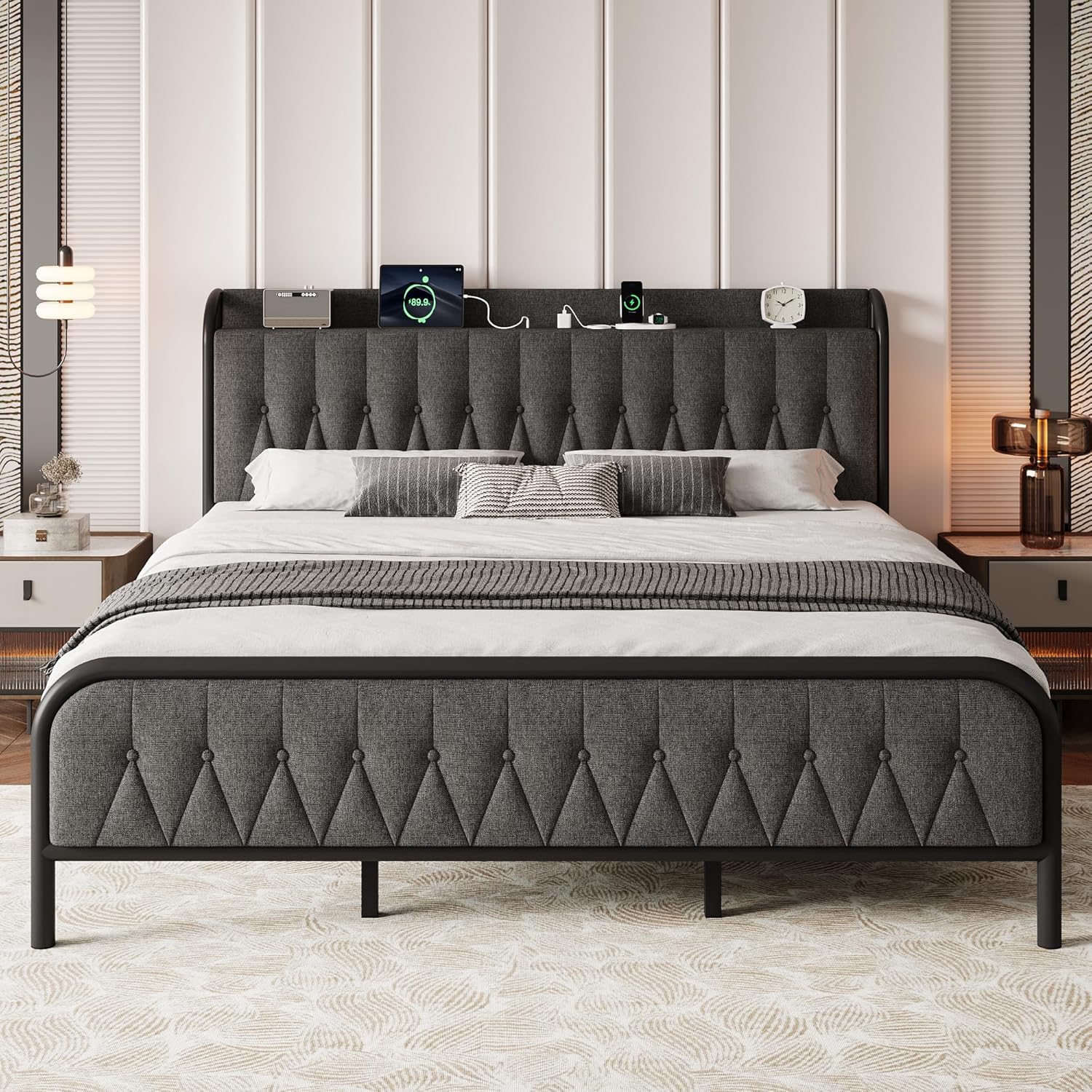 iPormis Metal Bed Frame Queen Size with Charging Station, Velvet Upholstered Headboard and Footboard, Heavy Duty Steel Support, 12" Under Bed Storage, No Box Spring Needed, Easy Assembly, Dark Grey