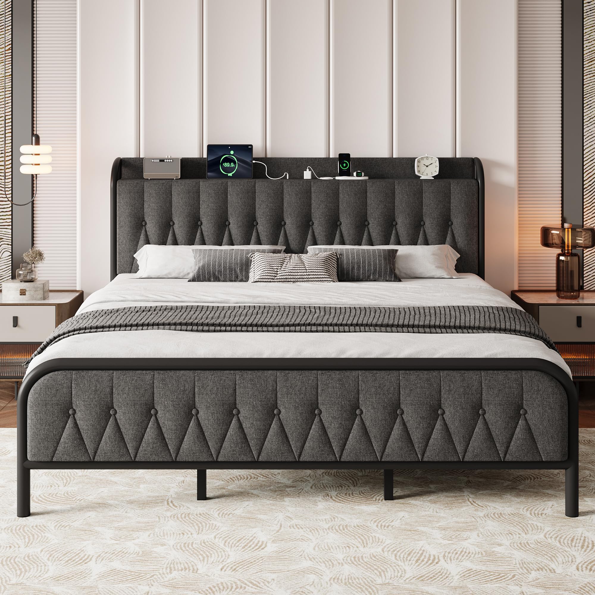 iPormis Metal Bed Frame Queen Size with Charging Station, Velvet Upholstered Headboard and Footboard, Heavy Duty Steel Support, 12" Under Bed Storage, No Box Spring Needed, Easy Assembly, Dark Grey