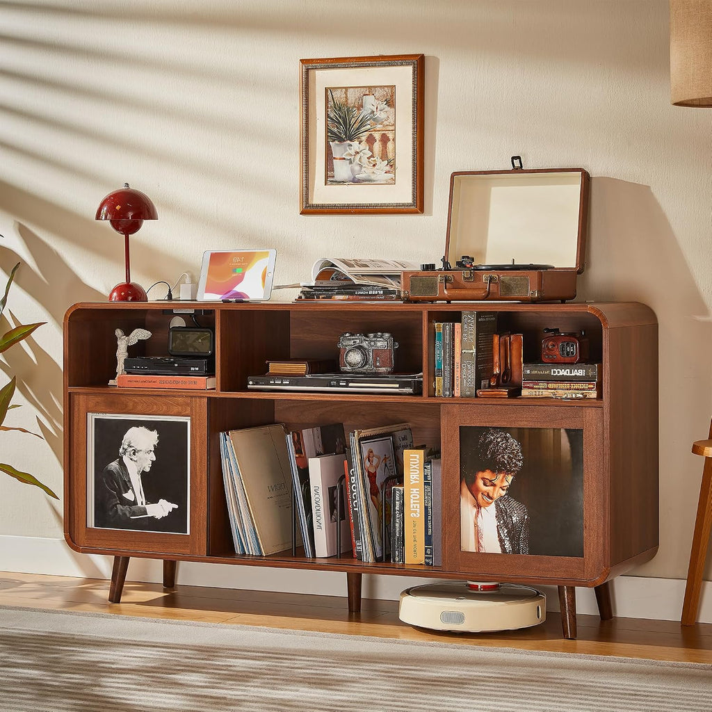 iPormis 56.1" Large Record Player Stand, Record Storage Cabinet with Charging Station, Mid Century Vinyl Player Stand, Adjustable Shelf, Media Cabinet with Sliding Doors for Music&Living Room, Walnut