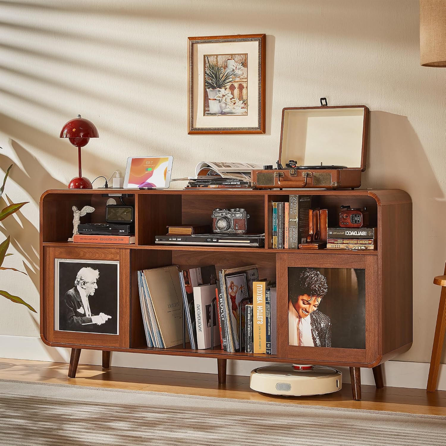iPormis 56.1" Large Record Player Stand, Record Storage Cabinet with Charging Station, Mid Century Vinyl Player Stand, Adjustable Shelf, Media Cabinet with Sliding Doors for Music&Living Room, Walnut