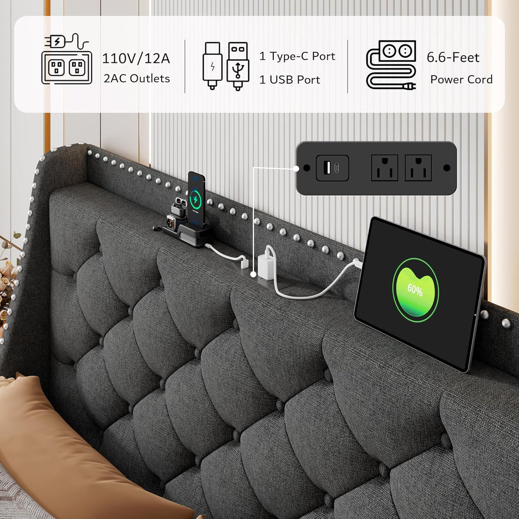 iPormis Queen Bed Frame with 16" Comfort Wingback & Charging Station, Upholstered Platform Bed with Button Tufted Storage Headboard, Solid Wood Slats Support, No Box Spring Needed, Dark Grey