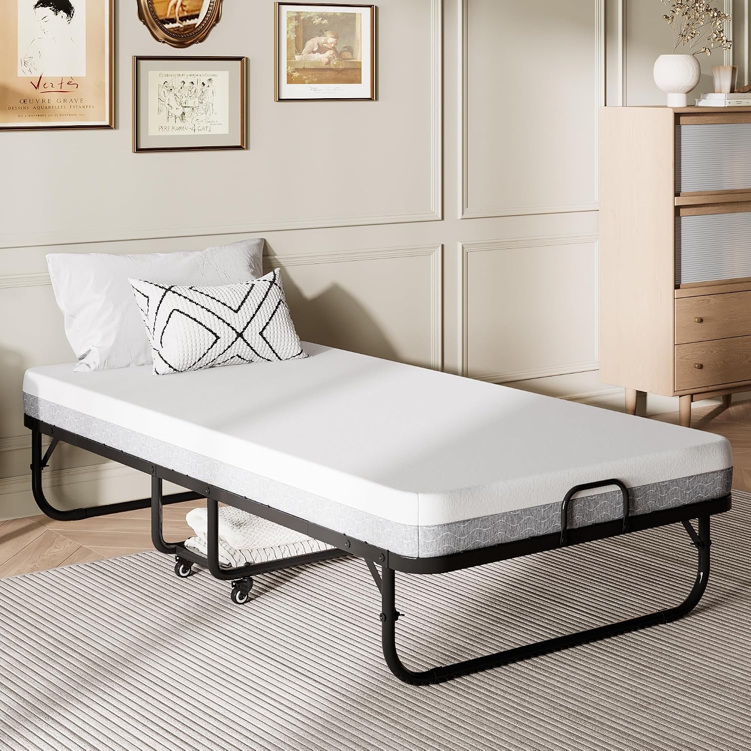 iPormis Folding Bed with Mattress, 76" x 38" Portable Foldable Bed with Side Pocket & Storage Shelf, Twin Rollaway Beds for Adults, Folded Up Beds w/Sturdy Metal Frame for Guestroom, Space Saving