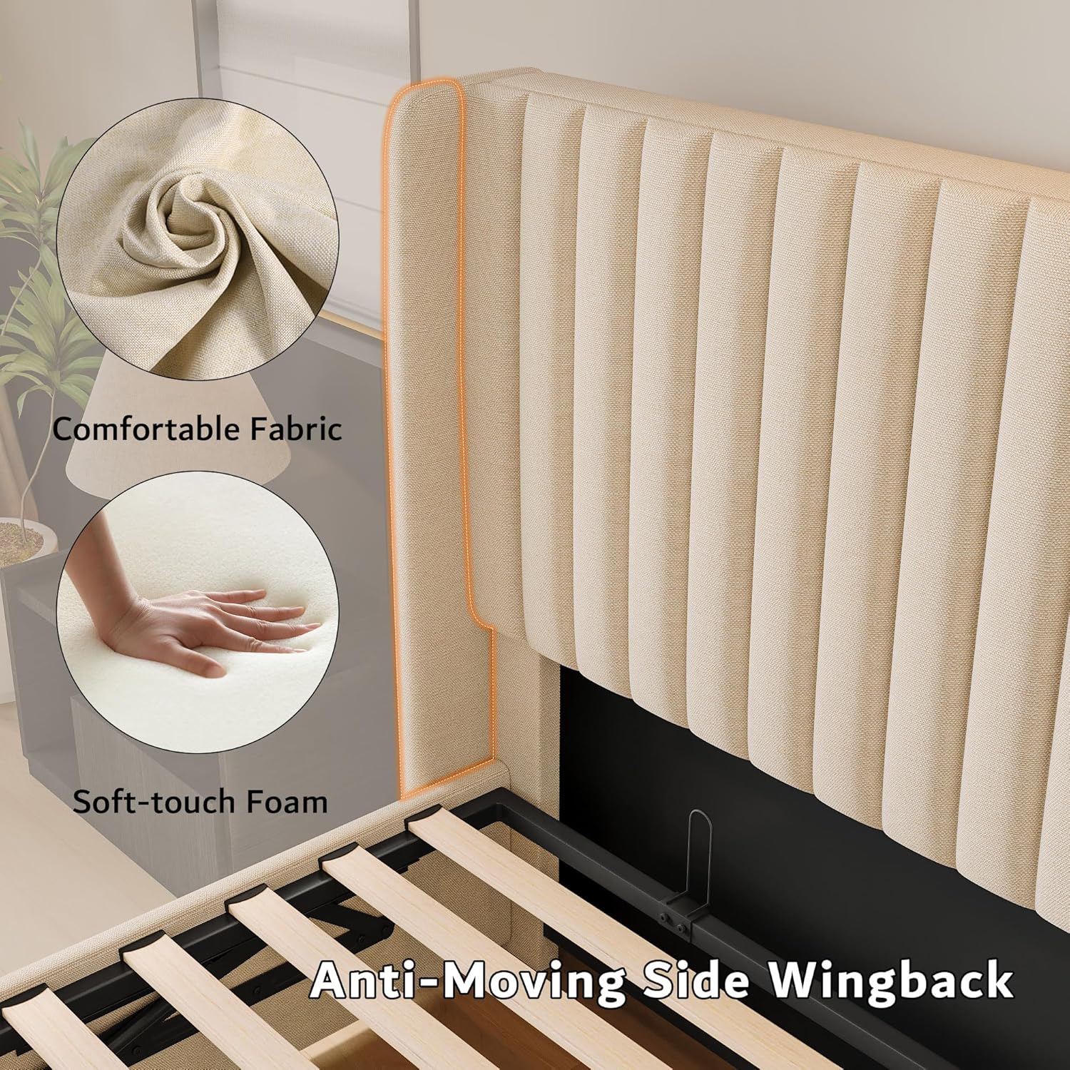 iPormis Full Size Lift up Storage Bed Frame with Wingback Headboard, Modern Linen Upholstered Platform Bedframe with Hydraulic Lifts, Sturdy Wood Slats, Easy Assembly, Beige