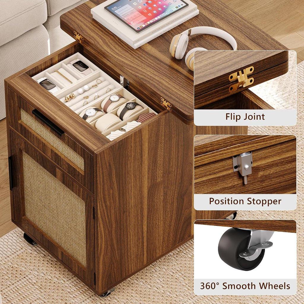 iPormis Narrow Nightstand with Charging Station, Extendable Desktop, Drawer | 15.7''-31.5'' Expandable Surface, Rolling Wheels, Rattan Wood Storage Cabinet, Space-Saving for Bedroom Small Spaces, Walnut
