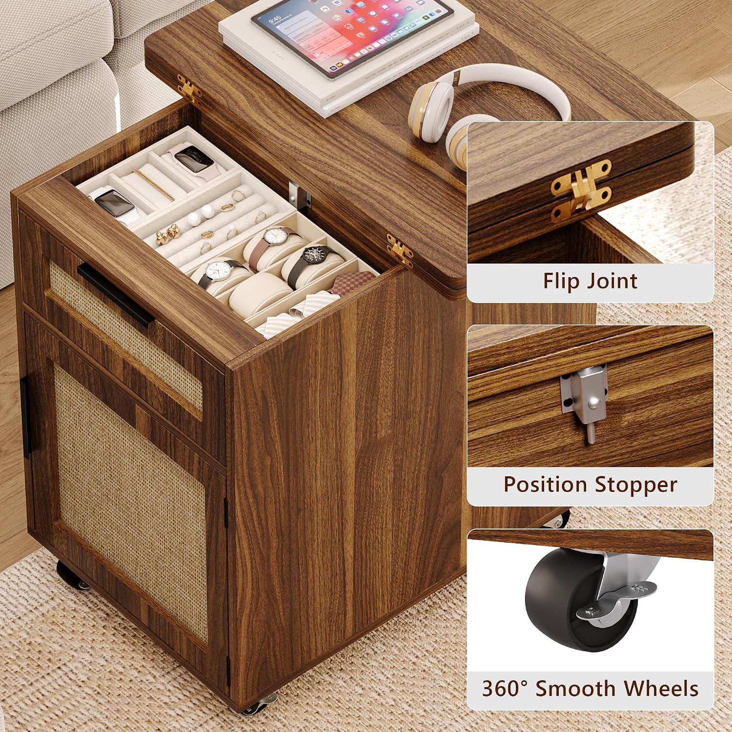iPormis Narrow Nightstand with Charging Station, Extendable Desktop, Drawer | 15.7''-31.5'' Expandable Surface, Rolling Wheels, Rattan Wood Storage Cabinet, Space-Saving for Bedroom Small Spaces, Walnut