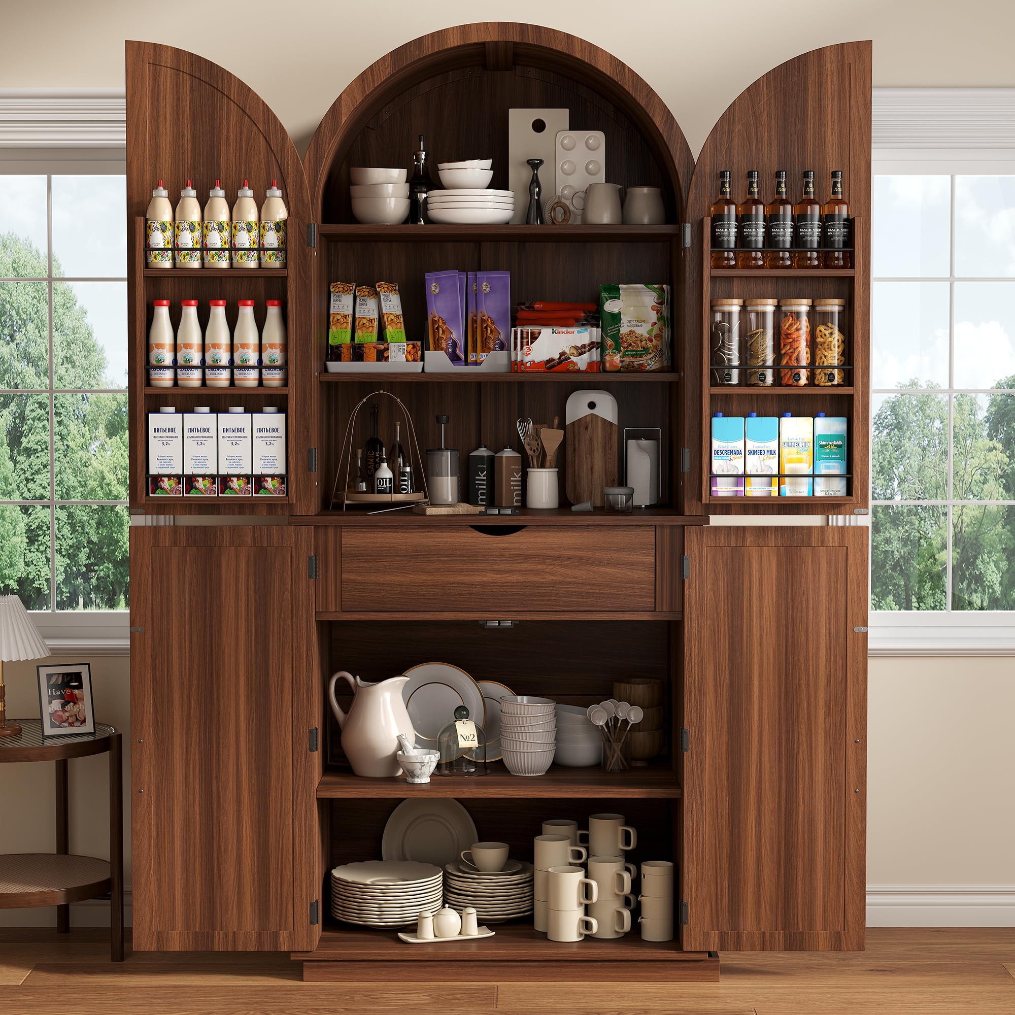 iPormis 71" tall arched cabinet with doors, featuring 6-tier door shelves and adjustable shelves in a farmhouse style.