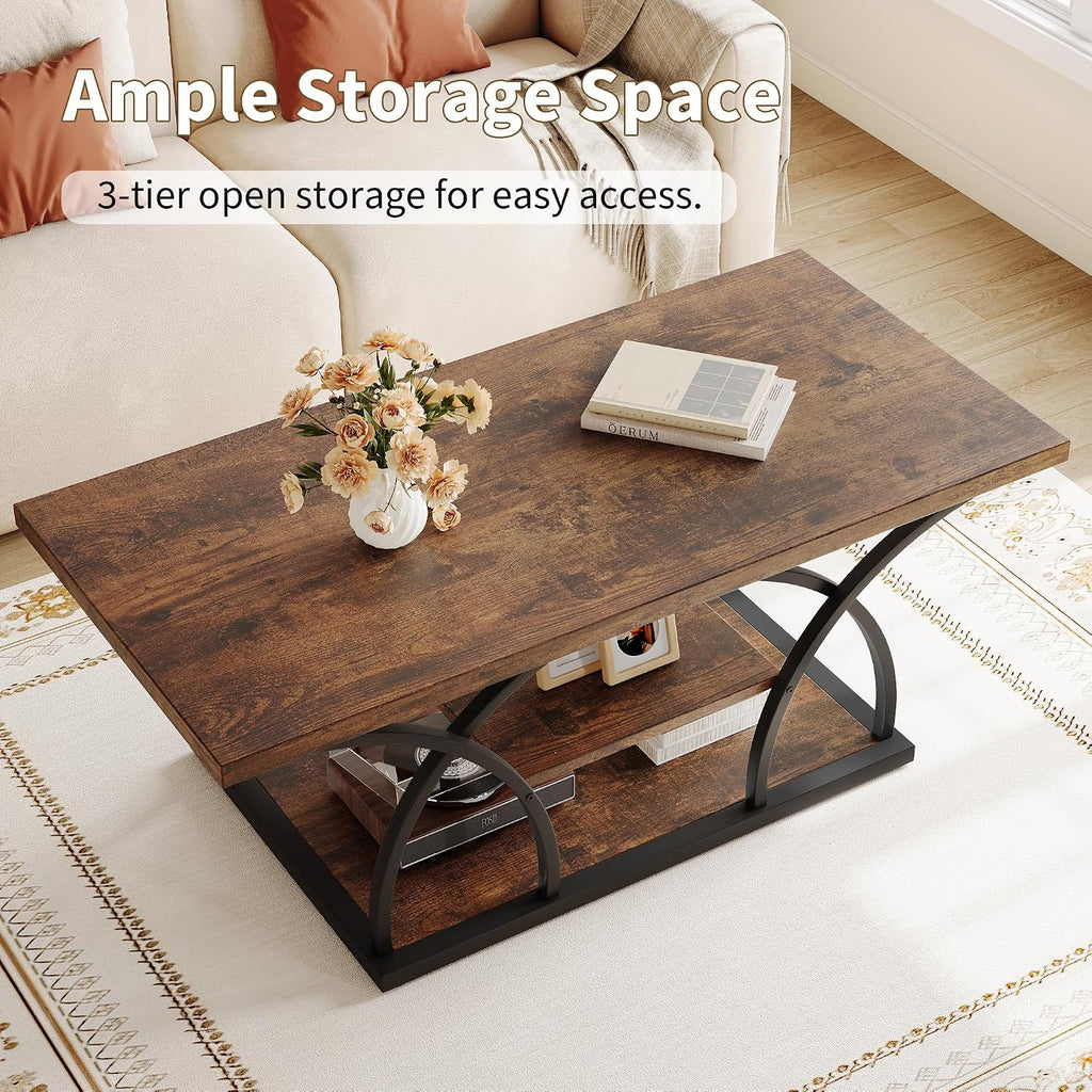 iPormis Rustic Coffee Table with Storage, 3 Tier Center Living Room Tables, 47 Inches Industrial Wood Rectangle Cocktail Tea Accent Table, Semicircle Metal Frame, Brown
