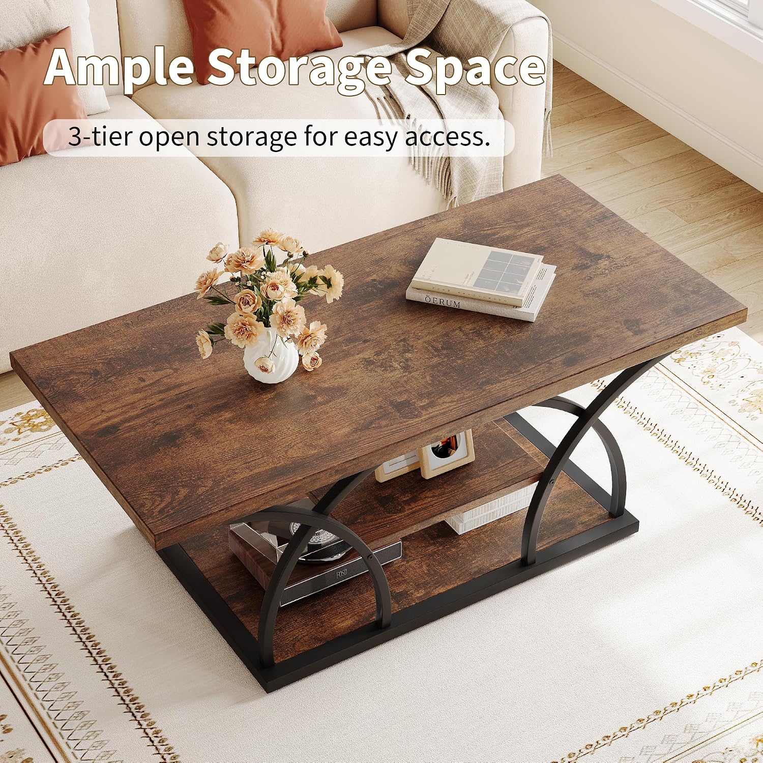 iPormis Rustic Coffee Table with Storage, 3 Tier Center Living Room Tables, 47 Inches Industrial Wood Rectangle Cocktail Tea Accent Table, Semicircle Metal Frame, Brown