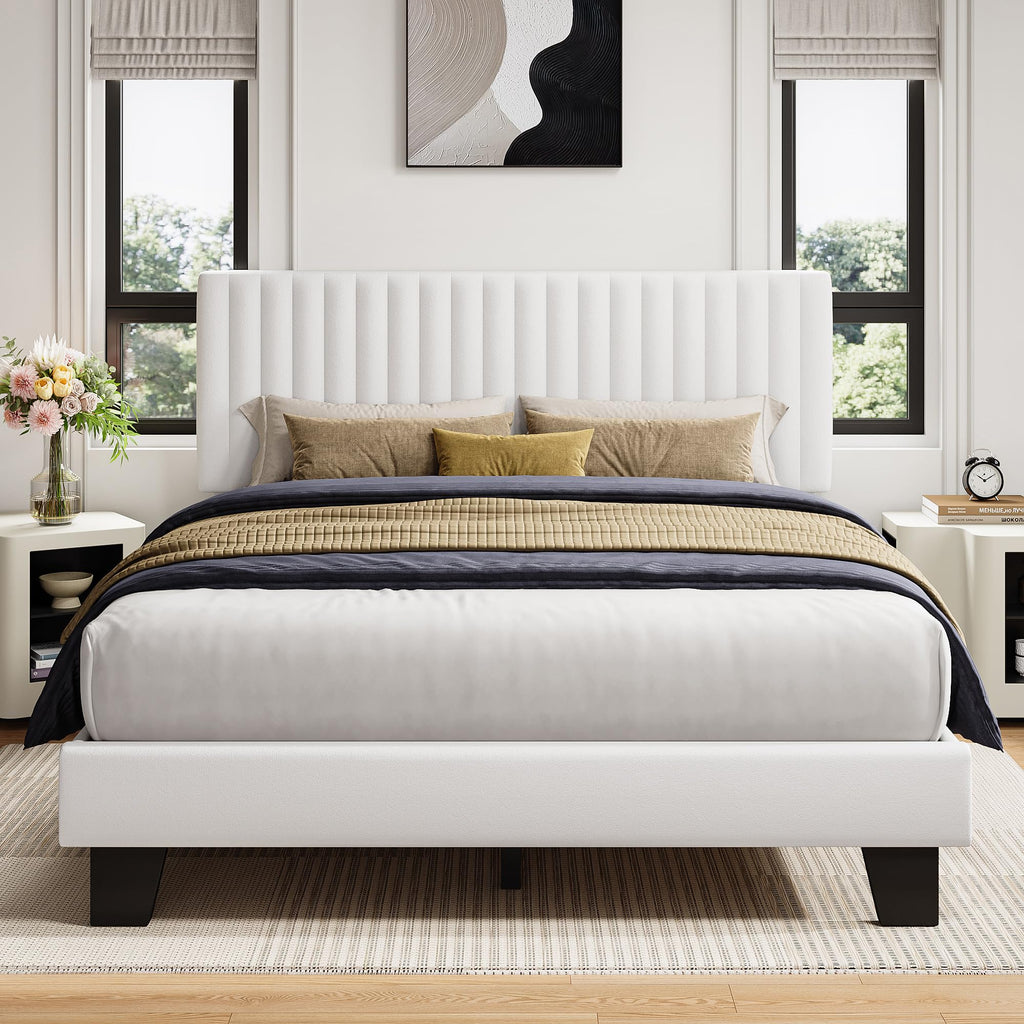 iPormis Queen Size Bed Frame, Upholstered Platform Bed with Vertical Linen Headboard, Wide Bed Legs and Strong Wood Slats Support, No Box Spring Needed, Easy Assembly, Noise Free, Beige