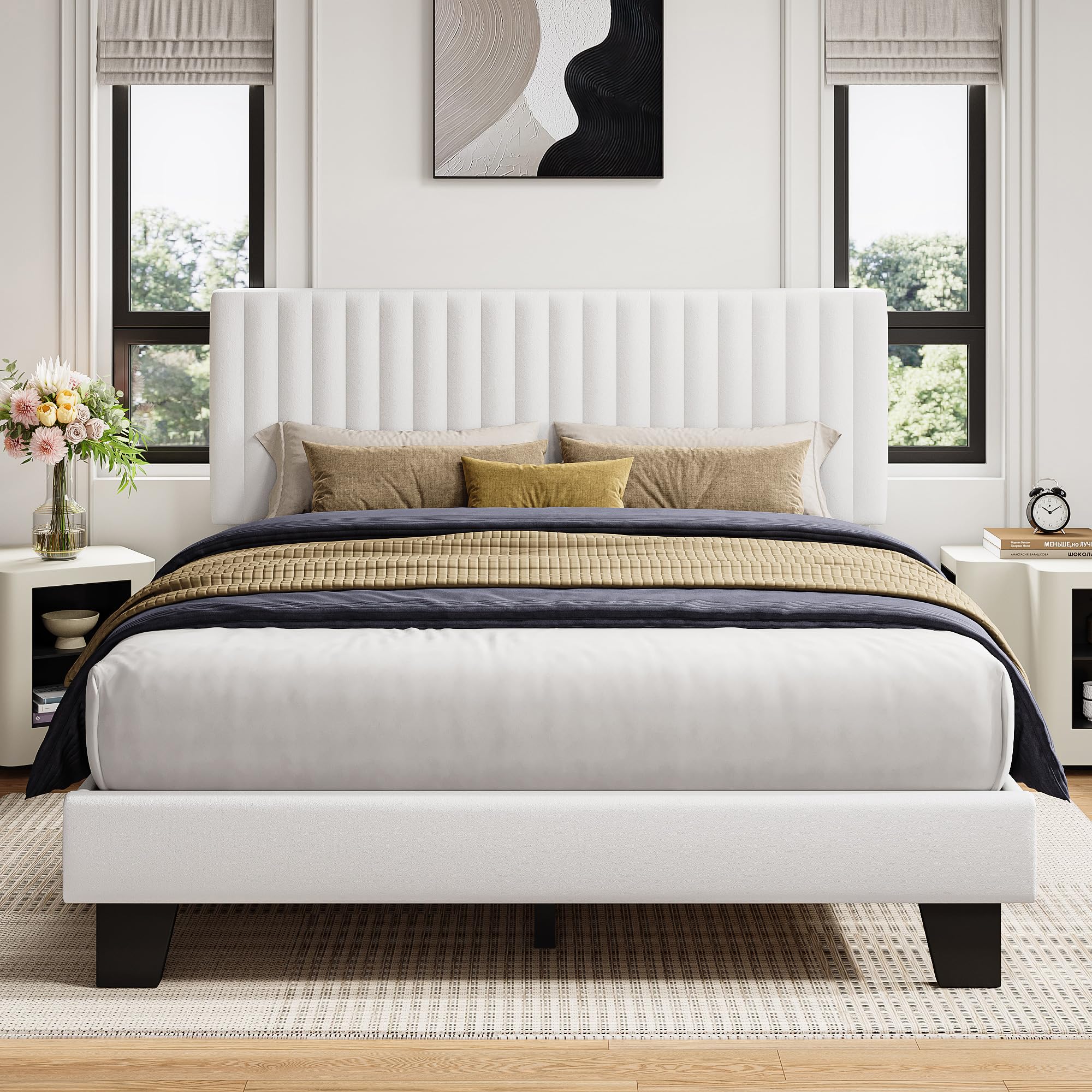iPormis Queen Size Bed Frame, Upholstered Platform Bed with Vertical Linen Headboard, Wide Bed Legs and Strong Wood Slats Support, No Box Spring Needed, Easy Assembly, Noise Free, Beige