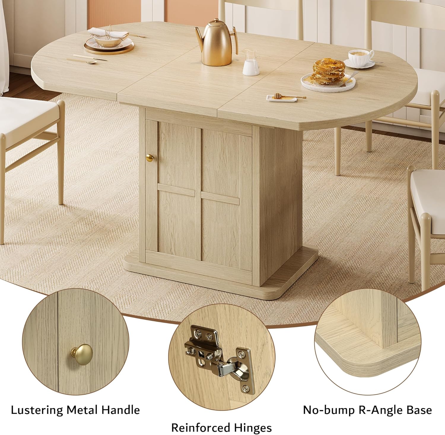 iPormis Extendable Round Dining Table for 4-6, 59'' Modern Kitchen Table with 2-Tier Storage Shelf, Wood Door, MDF Board, Space Saving Oval Dinner with Sturdy Pedestal Base, Kitchen, Dining, Natural