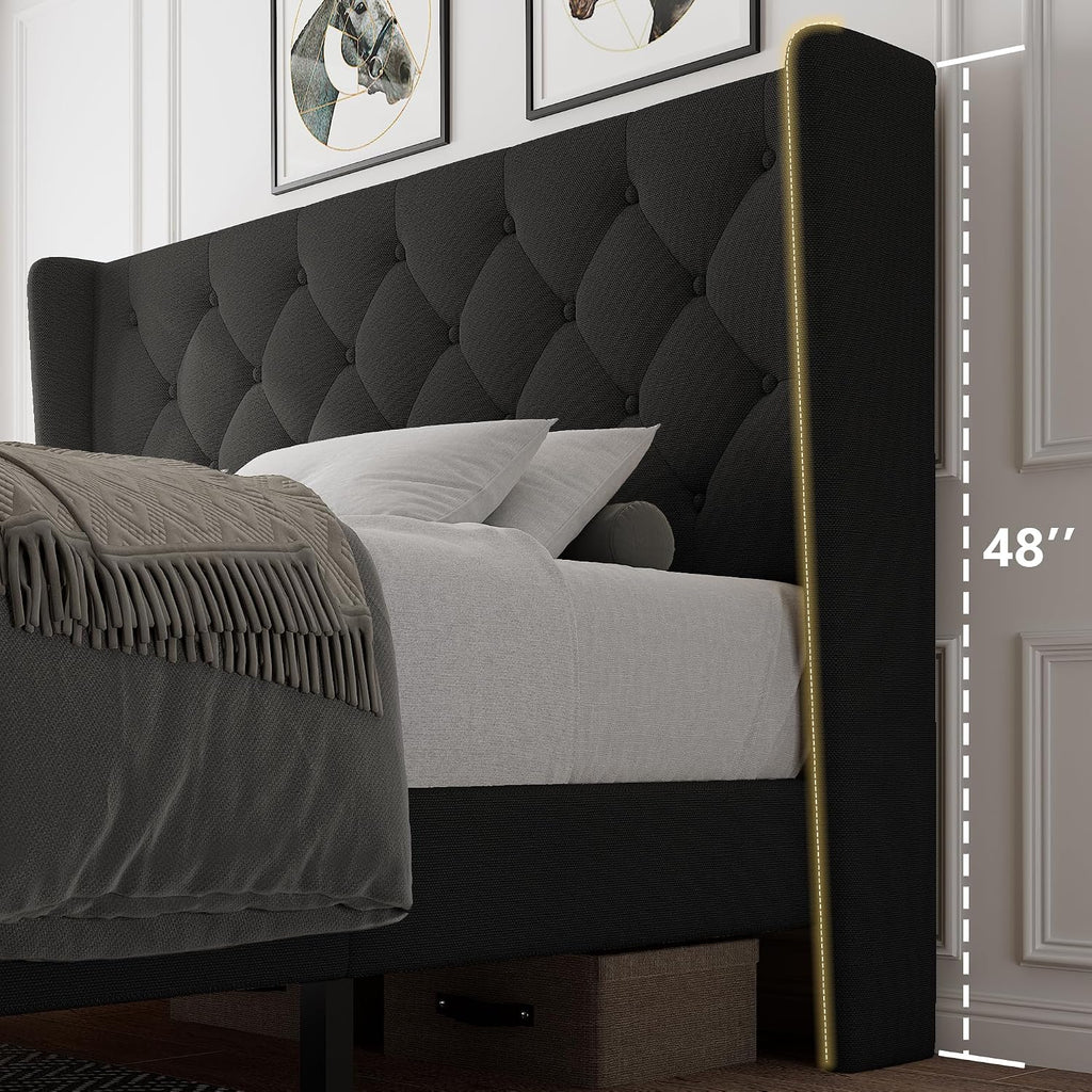 iPormis Queen Size Platform Bed Frame with Button Tufted Headboard, Upholstered Bed Frame with Solid Wooden Slats, 8" Underbed Space, No Box Spring Needed, Noise Free, Easy Assembly, Black