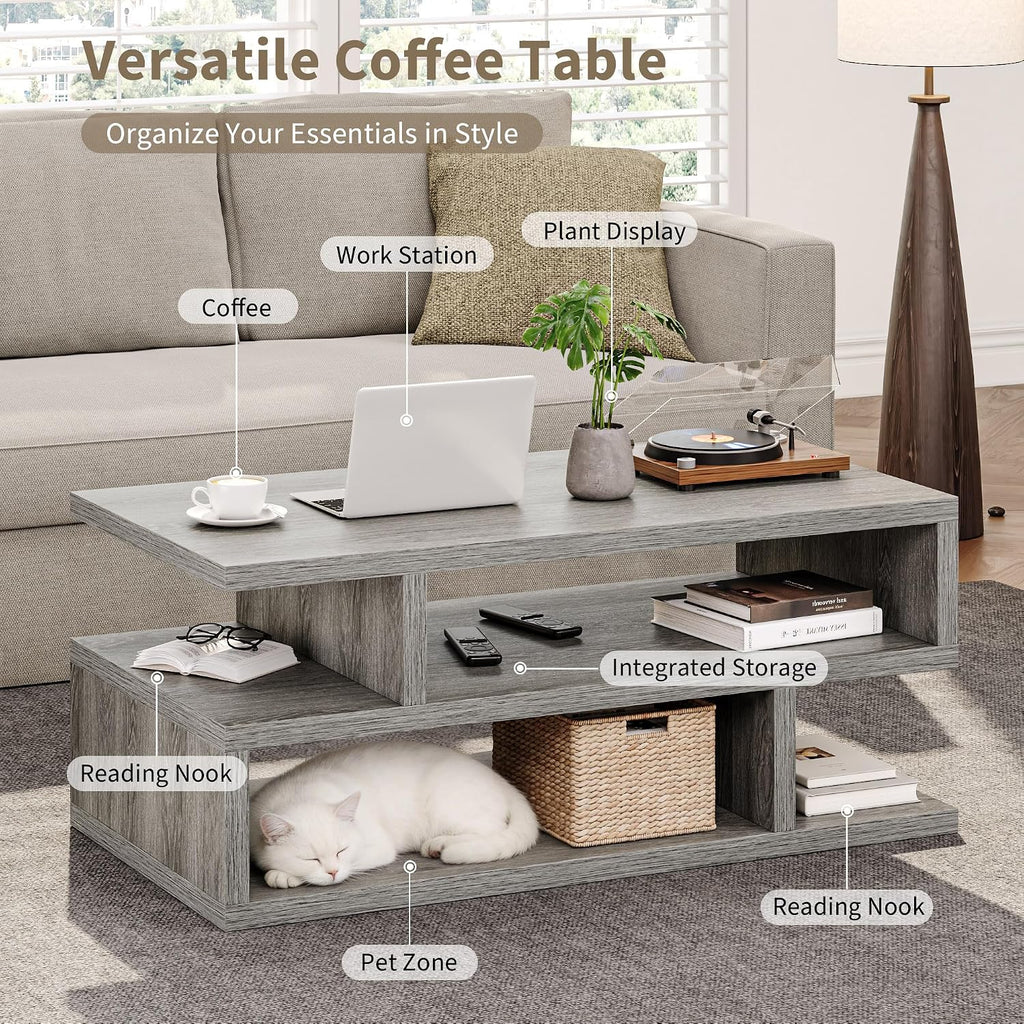 iPormis 41.3" Coffee Table with 3-Tier Storage Space, Modern Coffee Table with Geometric Design for Living Room, Apartment, Home Office, Easy Assembly, Elegant Grey