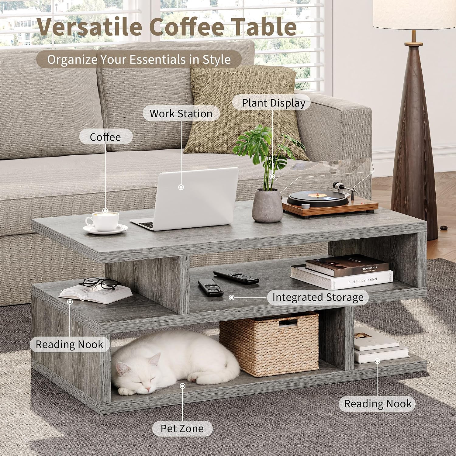 iPormis 41.3" Coffee Table with 3-Tier Storage Space, Modern Coffee Table with Geometric Design for Living Room, Apartment, Home Office, Easy Assembly, Elegant Grey