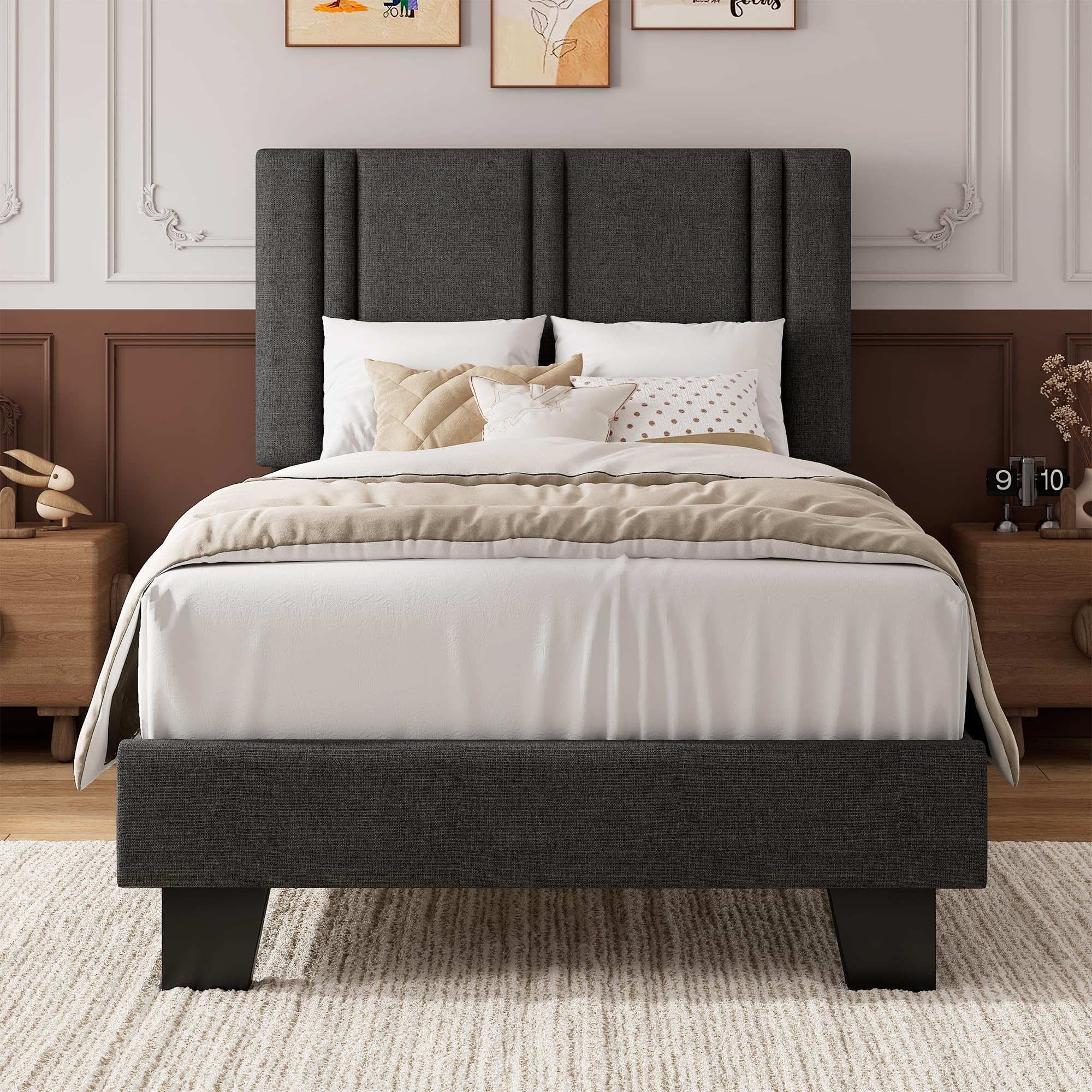 iPormis Queen Platform Bed Frame with Fabric Upholstered Headboard & Thickened Legs, Mattress Foundation w/Solid Wooden Slats Support, Noise Free, No Box Spring Needed, Dark Grey