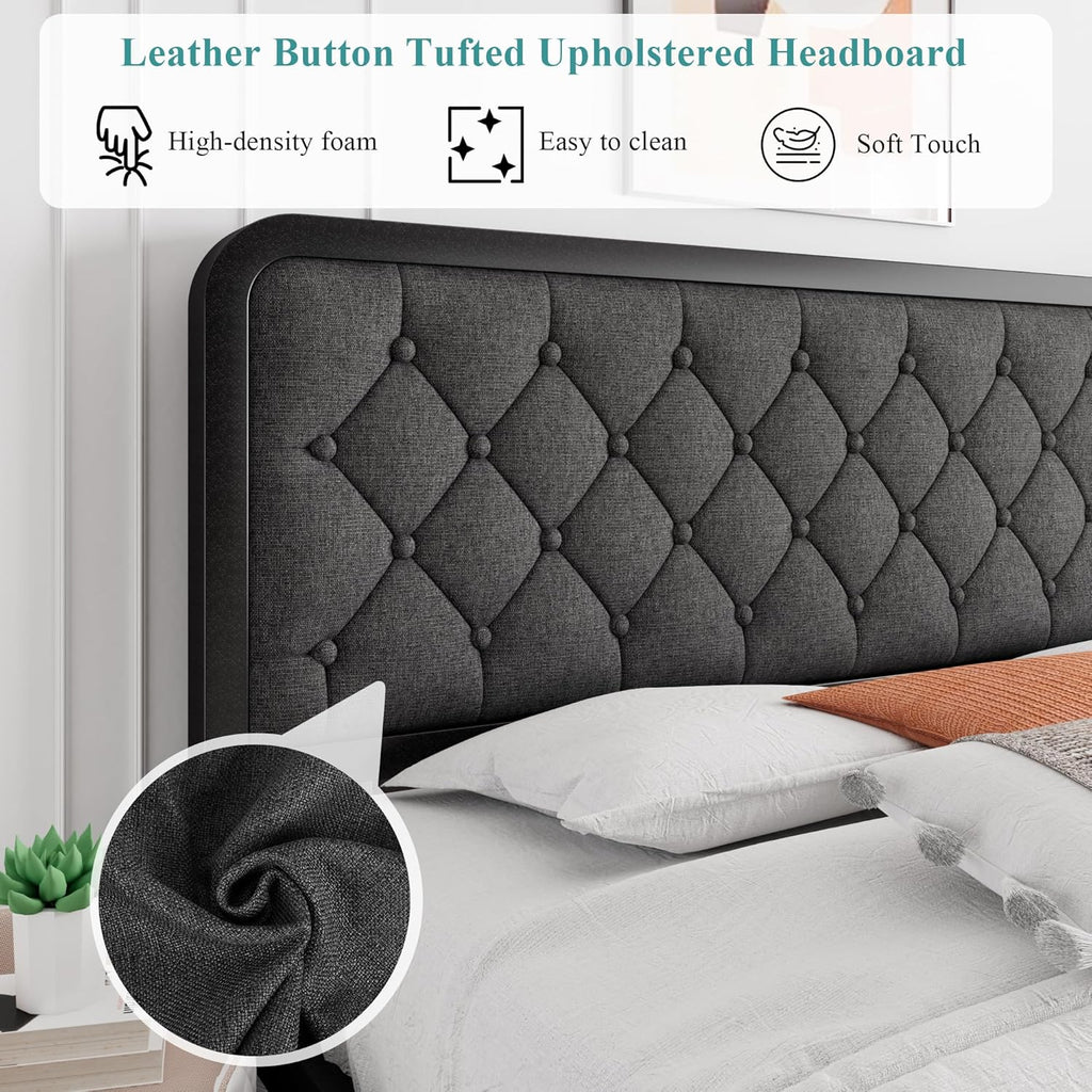 iPormis Full Bed Frame with Headboard Faux Leather Upholstered Bed Frame Platform, All Metal Slats Support Platform Bed Frame with 12" Under Bed Space, Noise Free, No Box Spring Needed, Dark Grey