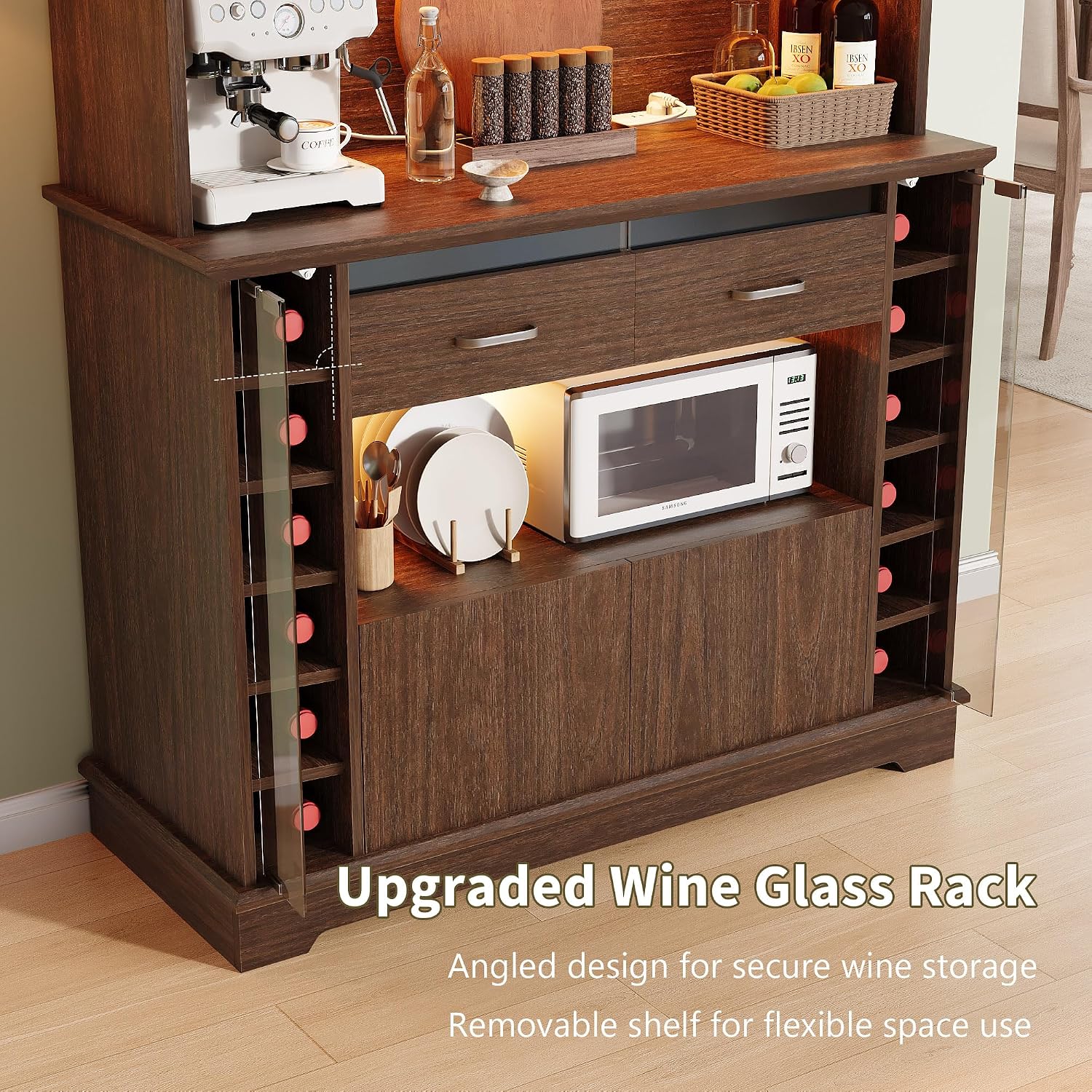 iPormis Bar Cabinet, 71'' Tall Coffee Bar Cabinet with Charging Station and LED Lights, Wine Cabinet with Storage, Wine Rack and Glass Holder, Liquor Cabinet for Home, Dark Walnut