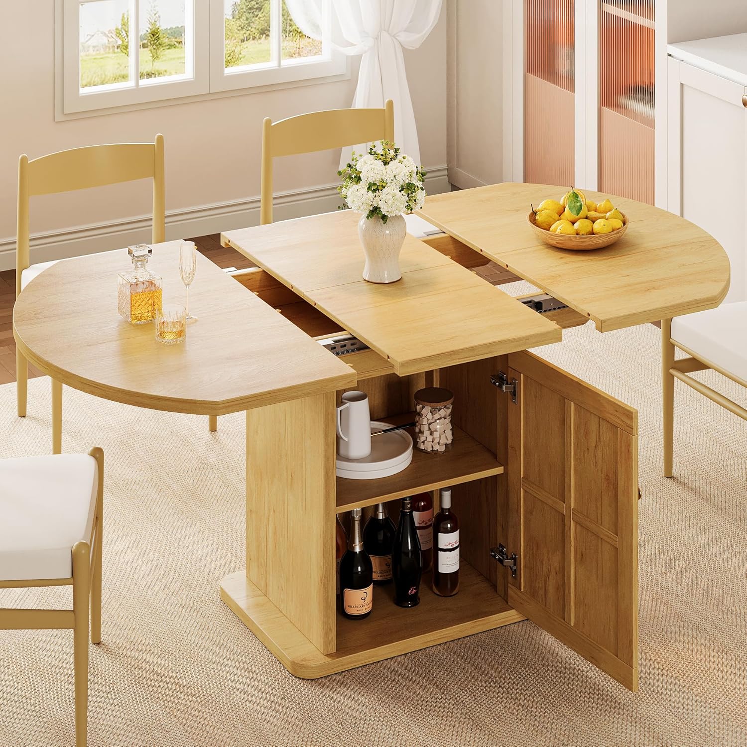 iPormis Extendable Round Dining Table for 4-6, 59'' Modern Kitchen Table with 2-Tier Storage Shelf, Wood Door, MDF Board, Space Saving Oval Dinner with Sturdy Pedestal Base, Kitchen, Dining, Oak