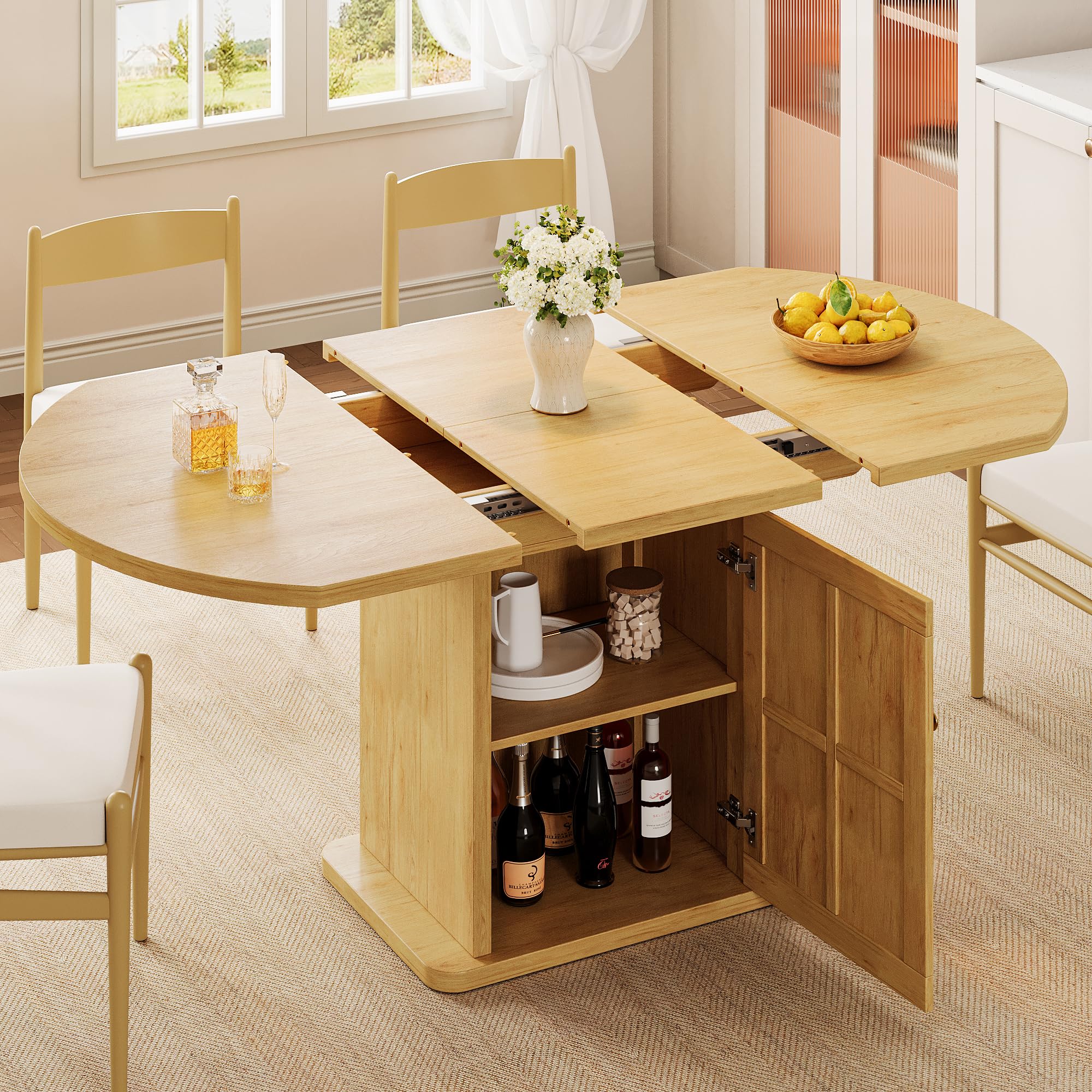 iPormis Extendable Round Dining Table for 4-6, 59'' Modern Kitchen Table with 2-Tier Storage Shelf, Wood Door, MDF Board, Space Saving Oval Dinner with Sturdy Pedestal Base, Kitchen, Dining, Natural