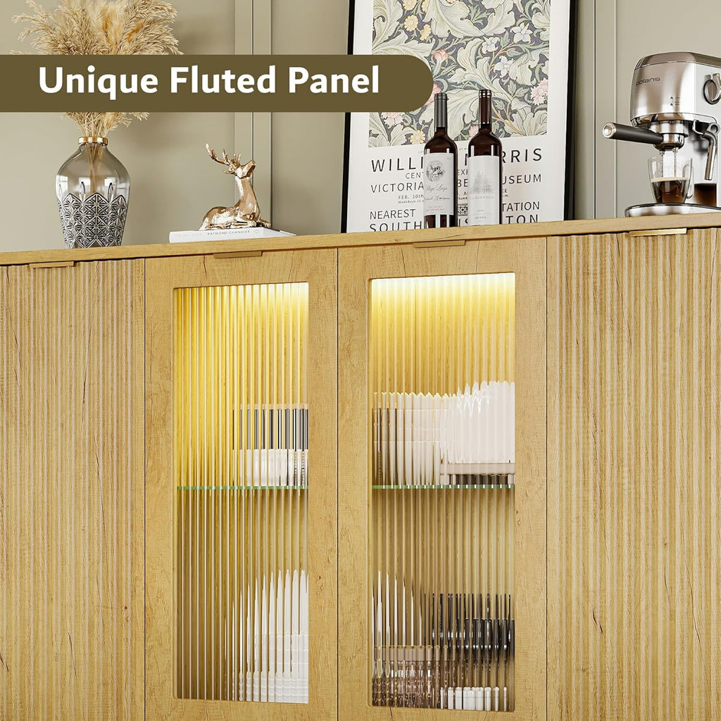 iPormis Sideboard Buffet Cabinet with Glass Doors & LED Lights, Fluted Credenza Storage Cabinet with Adjustable Shelves, 55" Modern Wood Coffee Bar for Kitchen Room Living Room Natural Oak