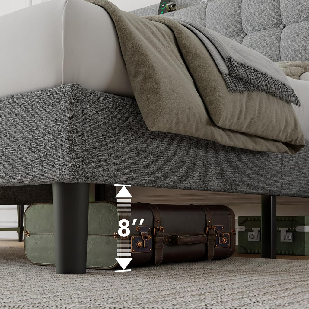 iPormis Queen Bed Frame with Charging & Storage, Upholstered Platform Bed with Button Tufted Wingback Headboard, Heavy-Duty Foundation, No Box Spring Needed, Light Grey
