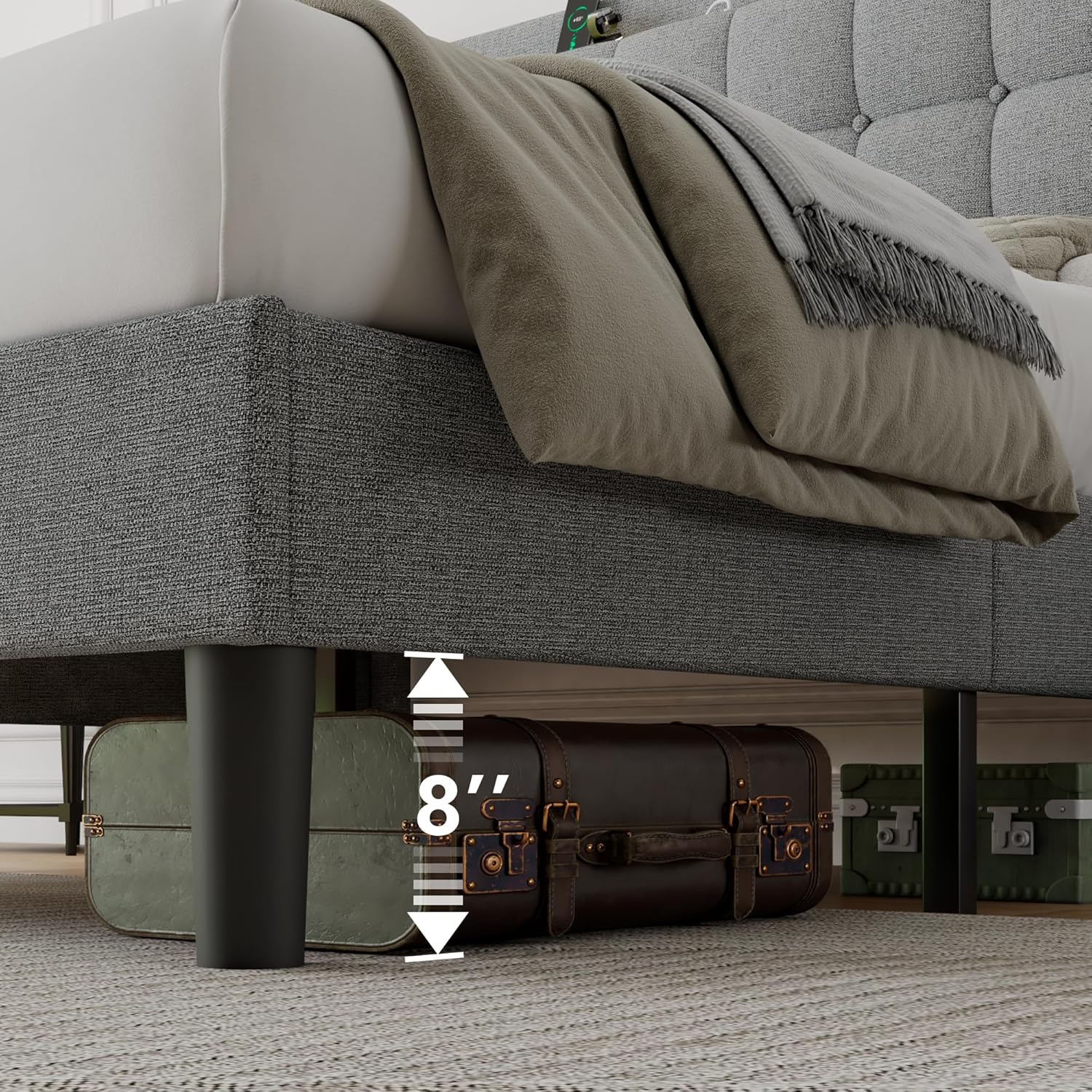 iPormis Queen Bed Frame with Charging & Storage, Upholstered Platform Bed with Button Tufted Wingback Headboard, Heavy-Duty Foundation, No Box Spring Needed, Light Grey