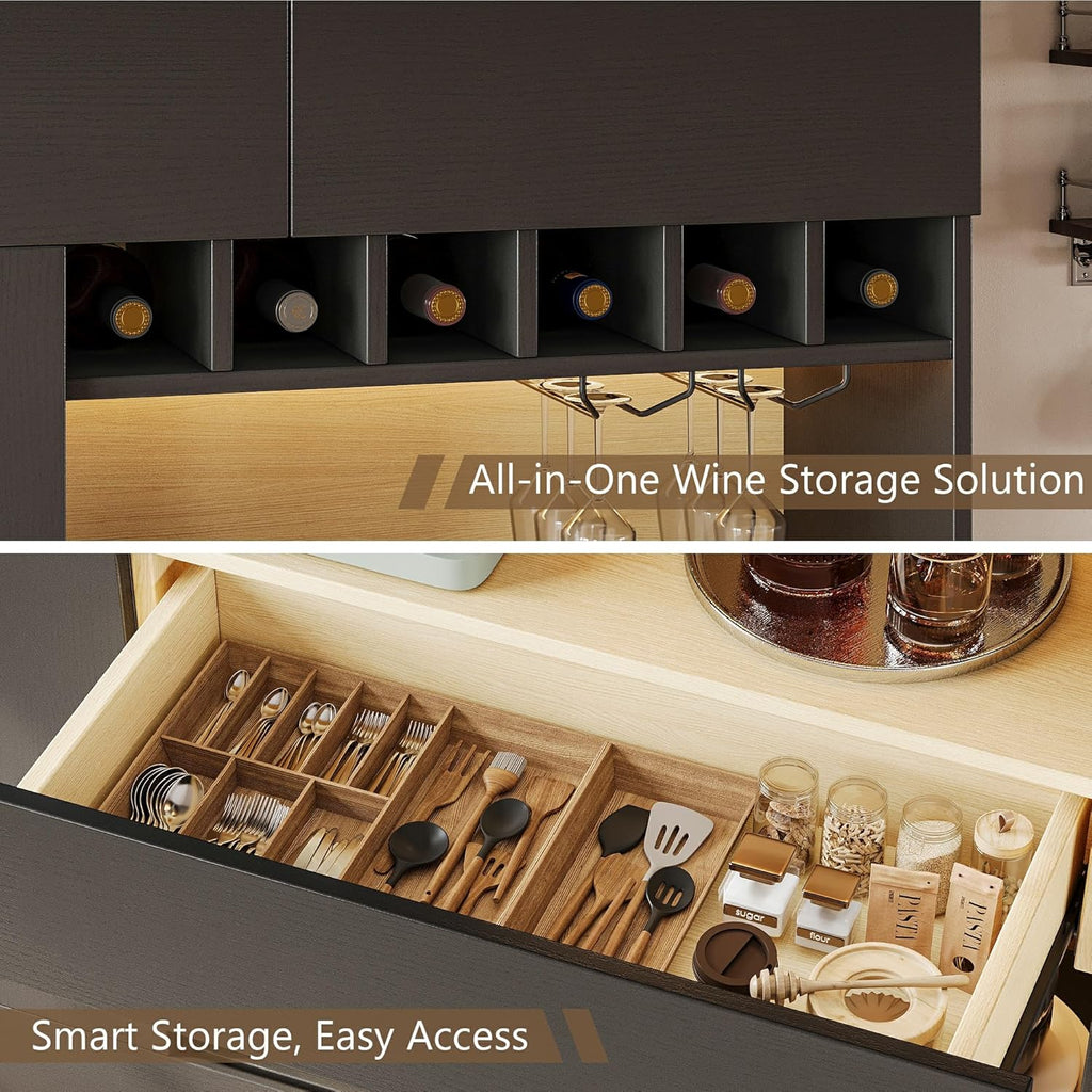 iPormis 69" Tall Kitchen Pantry Storage Cabinet with LED Lights & Microwave Stand & Wine Rack, Kitchen Hutch with Door Shelves & Adjustable Shelf & Drawers & Charge Station for Living Room, Black