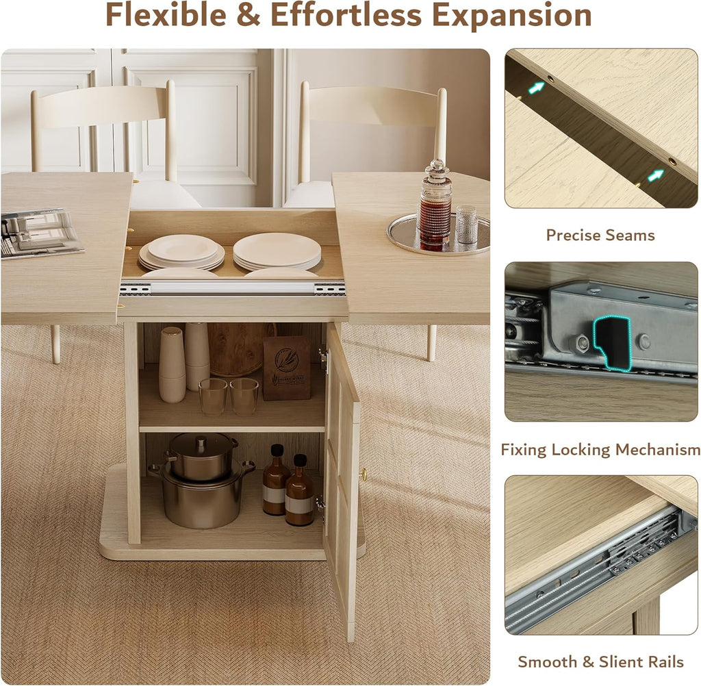 iPormis Extendable Round Dining Table for 4-6, 59'' Modern Kitchen Table with 2-Tier Storage Shelf, Wood Door, MDF Board, Space Saving Oval Dinner with Sturdy Pedestal Base, Kitchen, Dining, Natural