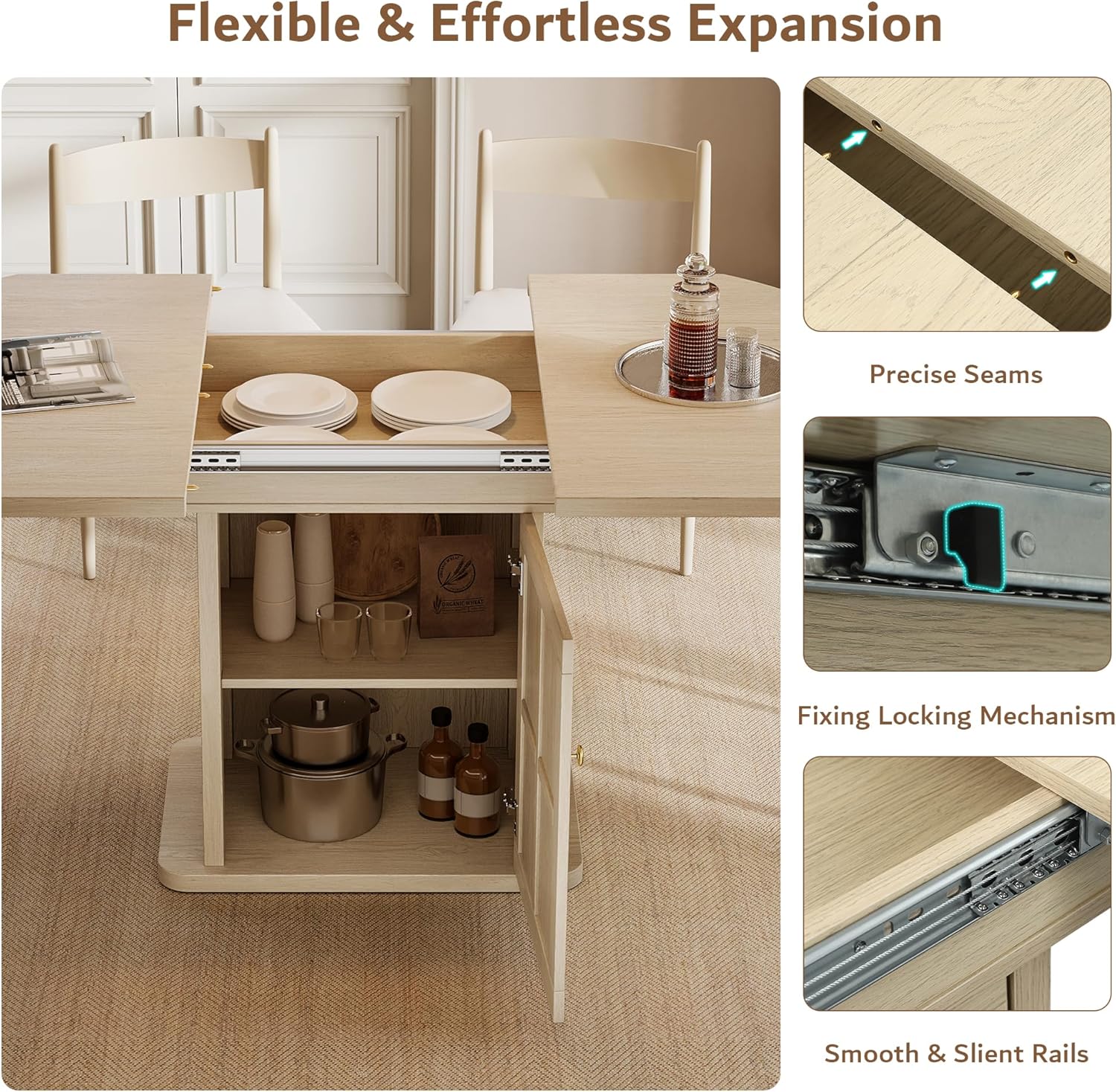 iPormis Extendable Round Dining Table for 4-6, 59'' Modern Kitchen Table with 2-Tier Storage Shelf, Wood Door, MDF Board, Space Saving Oval Dinner with Sturdy Pedestal Base, Kitchen, Dining, Natural