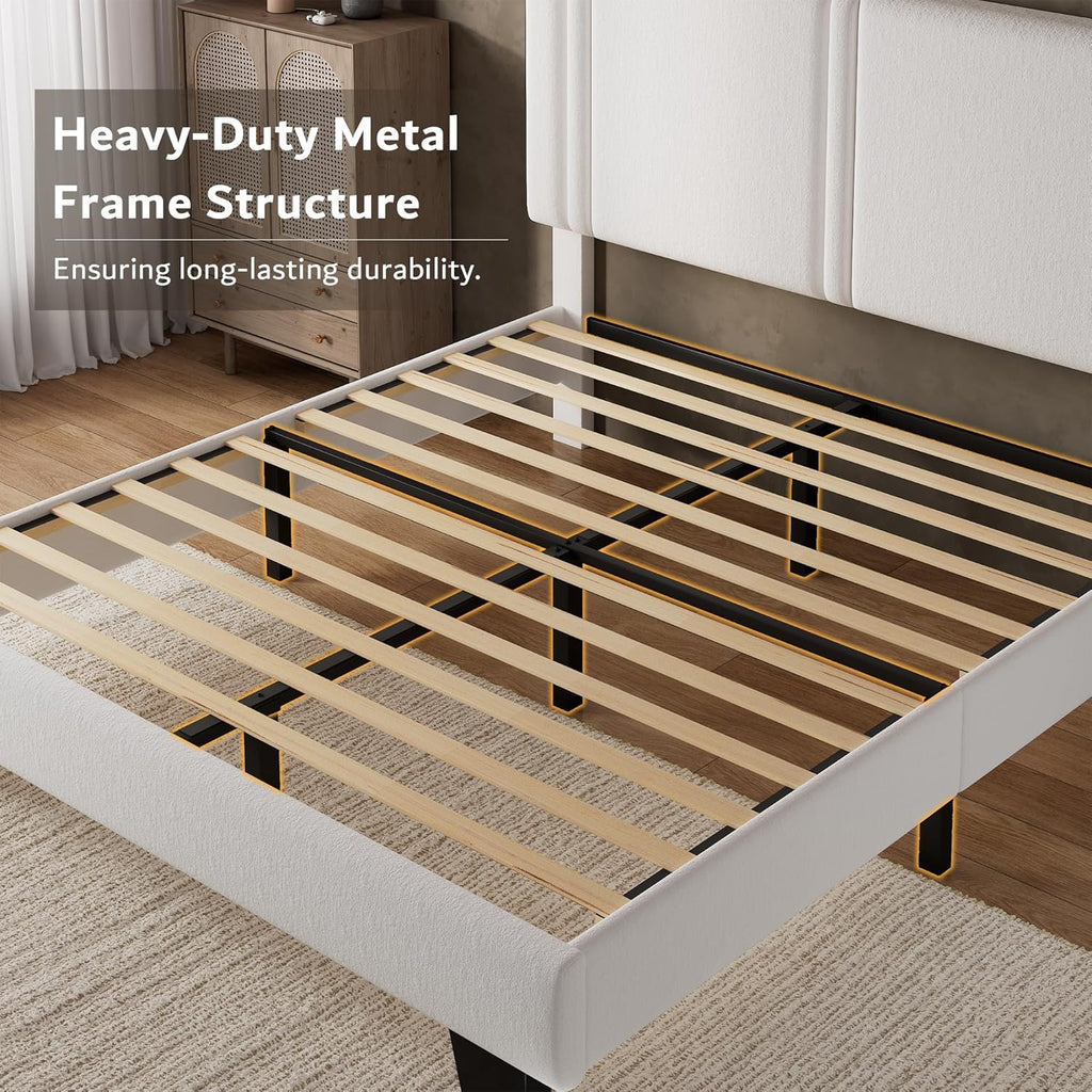 iPormis Queen Platform Bed Frame with Velvet Upholstered Headboard & Thickened Legs, Mattress Foundation with Solid Wooden Slats Support, No Box Spring Needed, Noise Free, White