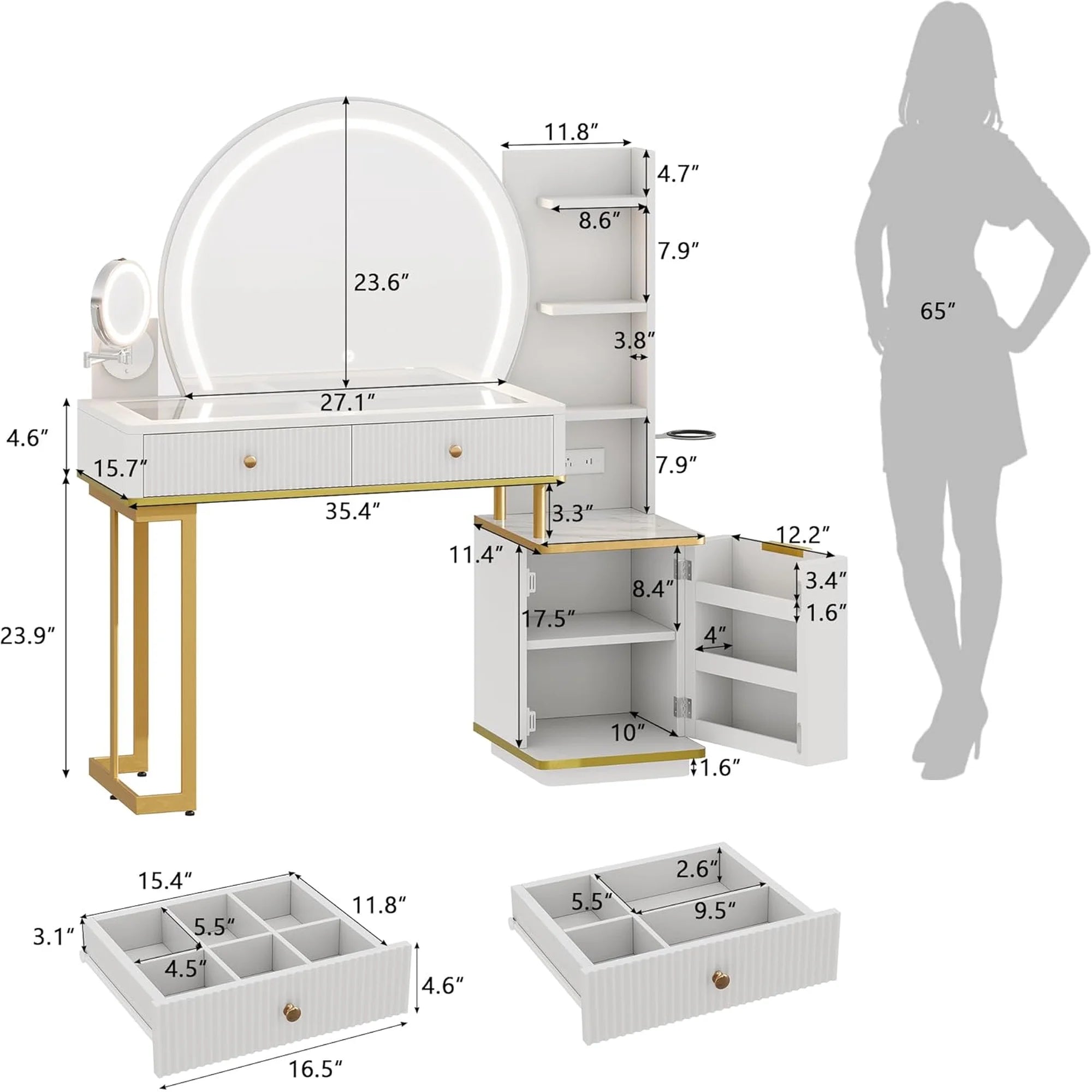 iPormis Makeup Vanity Desk with Round Mirror and Lights, 5x Magnifying Makeup Mirror, Dressing Table w/Power Outlets, Doorshelves & Adjustable Storage
