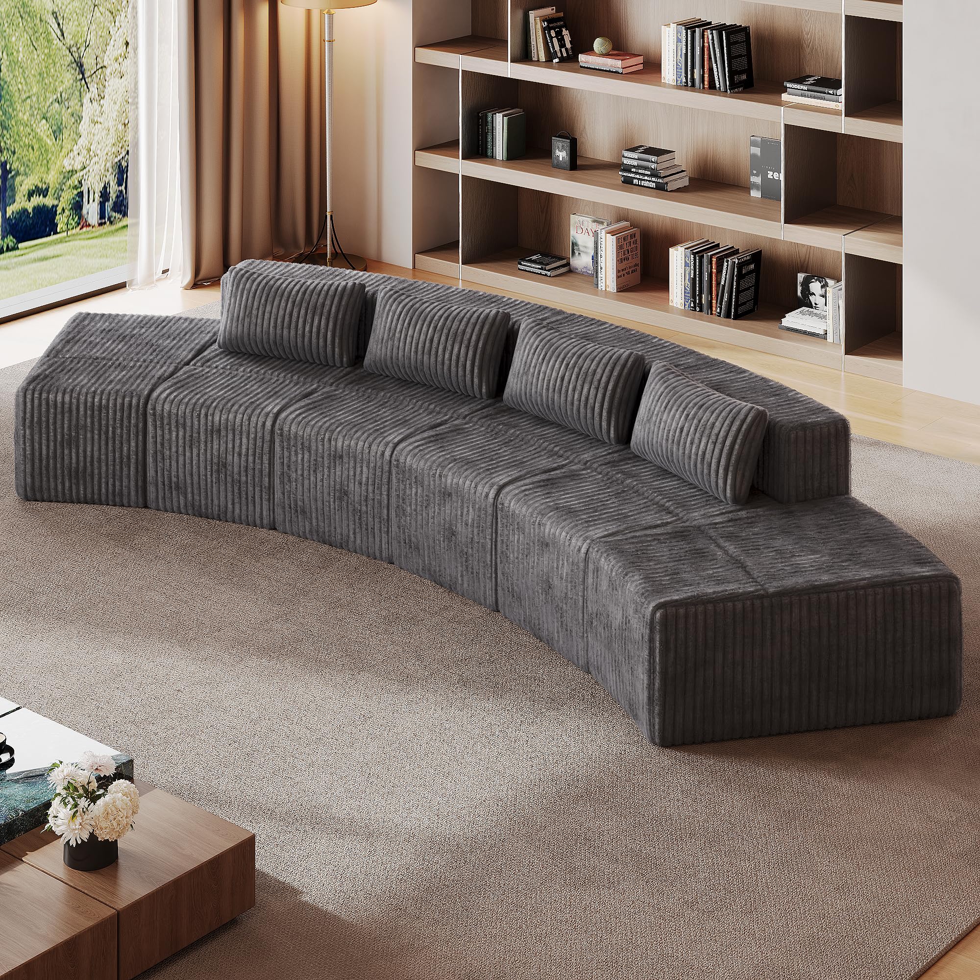 iPormis Boneless Sectional Couches for Living Room, Curved Cloud Couch with Upholstered Corduroy, Modular Sofa with Deep Seat, No Assembly Required, 3 Seats and 2 Ottomans, Dark Gray