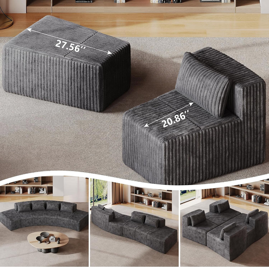 iPormis Boneless Sectional Couches for Living Room, Curved Cloud Couch with Upholstered Corduroy, Modular Sofa with Deep Seat, No Assembly Required, 3 Seats and 2 Ottomans, Dark Gray