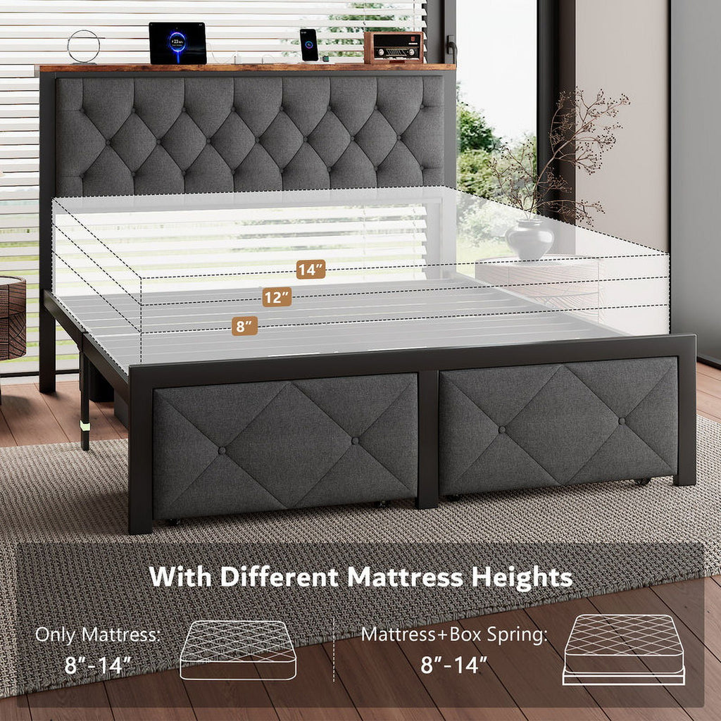 iPormis Full Bed Frame with 2 Drawers, Metal Platform Bed with Chargin