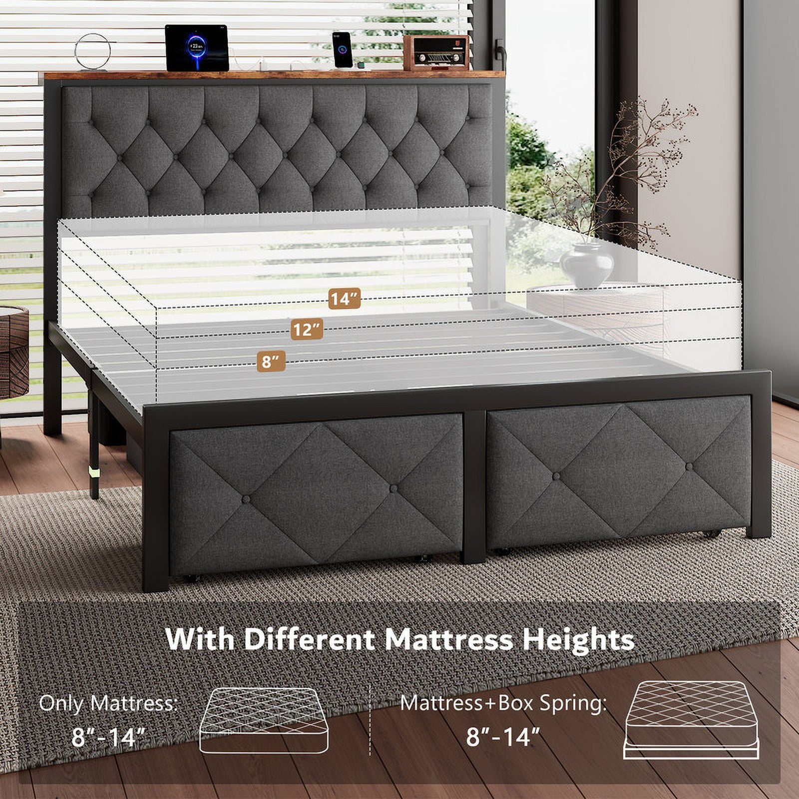 iPormis Full Bed Frame with 2 Drawers, Metal Platform Bed with Chargin