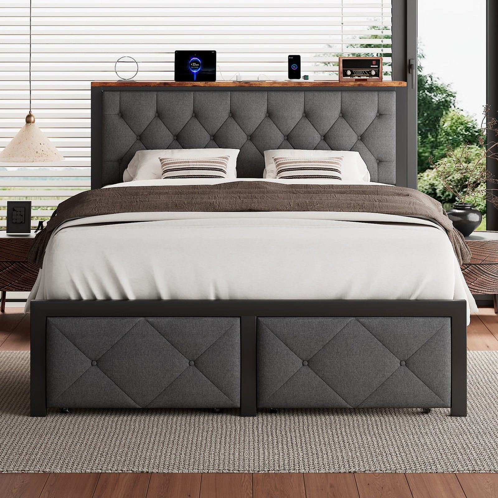 iPormis Full Bed Frame with 2 Drawers, Metal Platform Bed with Chargin