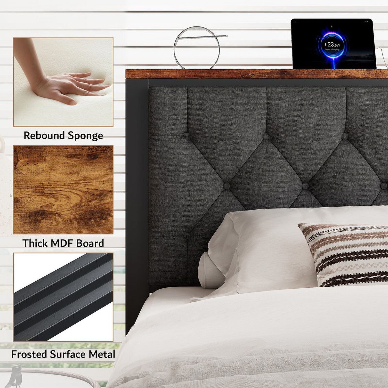 iPormis Full Bed Frame with 2 Drawers, Metal Platform Bed with Chargin