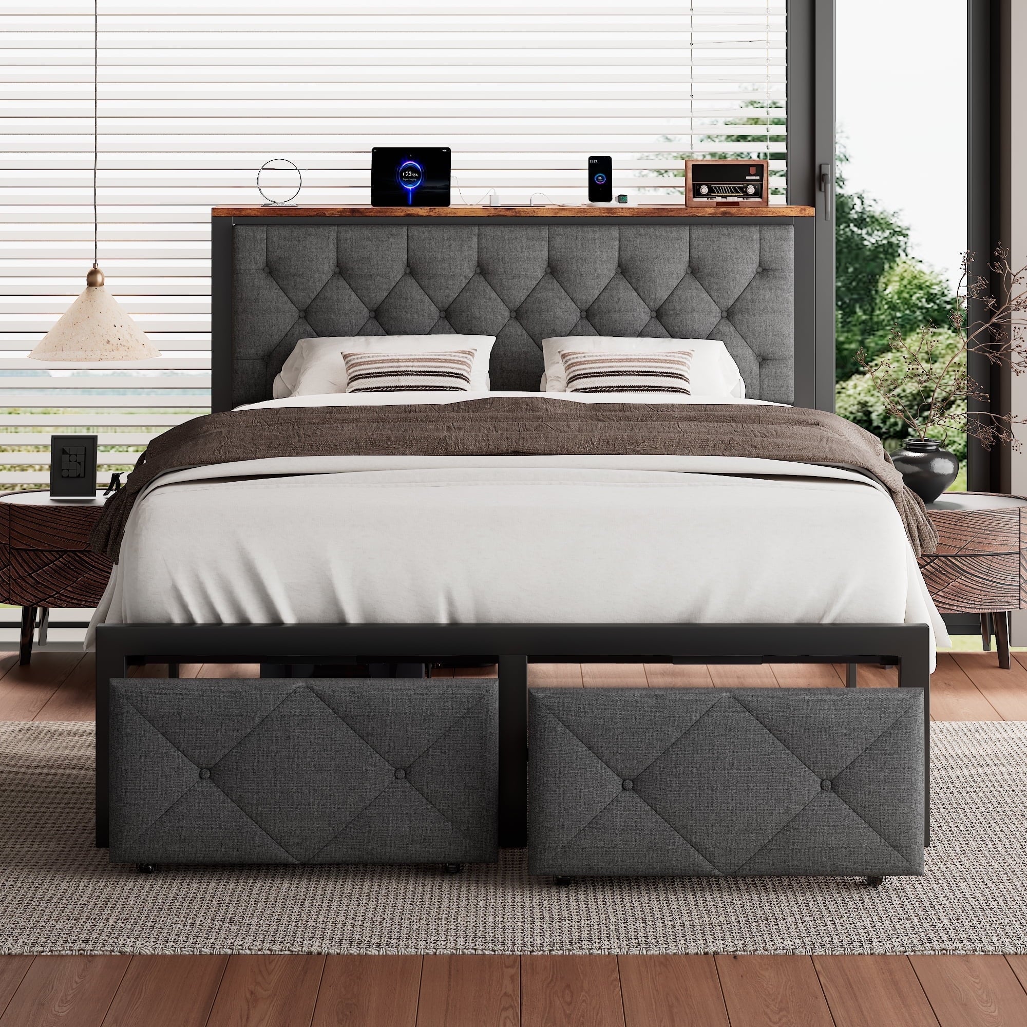 iPormis Full Bed Frame with 2 Drawers, Metal Platform Bed with Chargin